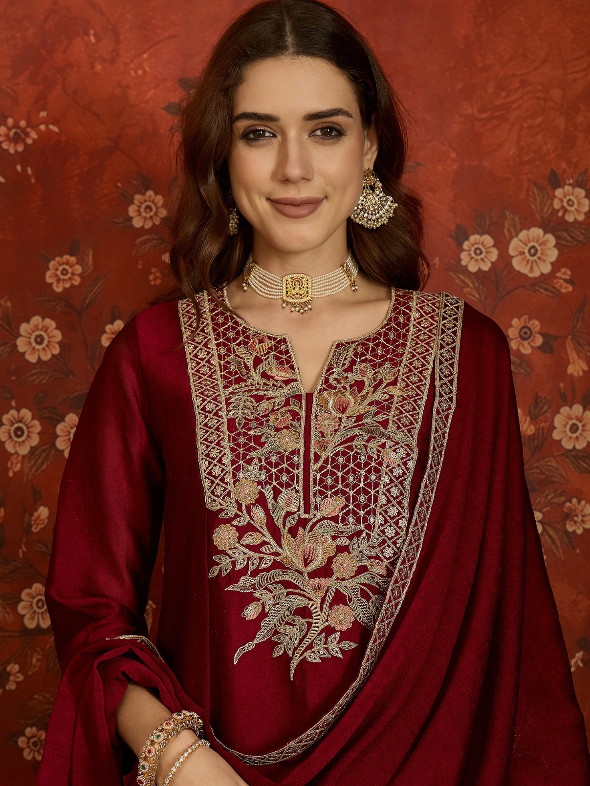 Maroon Floral Designer Embroidery Silk Regal Palazzo Suit