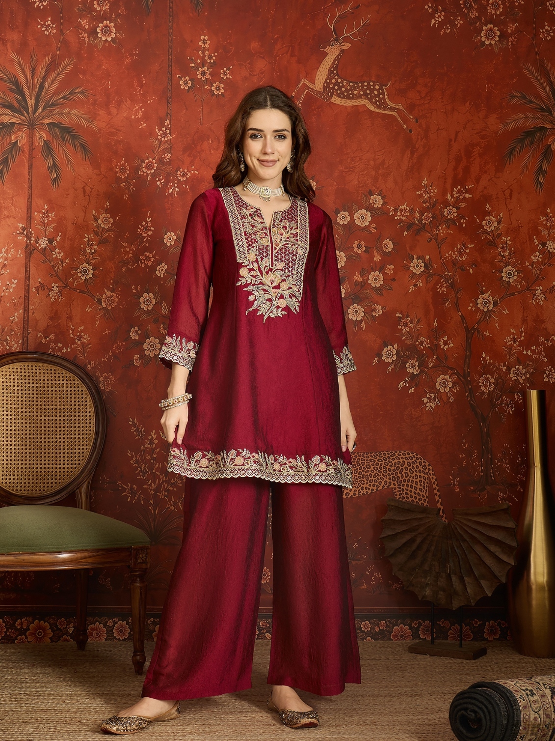 Maroon Floral Designer Embroidery Silk Regal Palazzo Suit