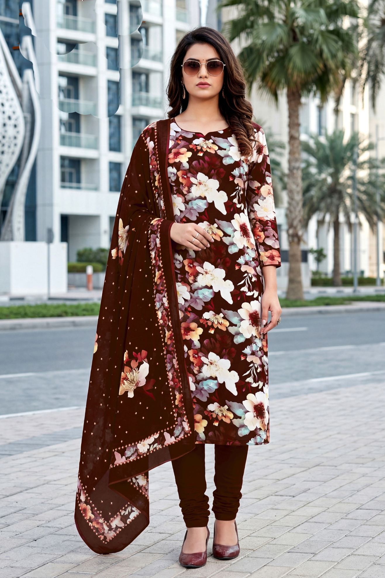 Maroon Floral Digital Crepe Straight Salwar Suit