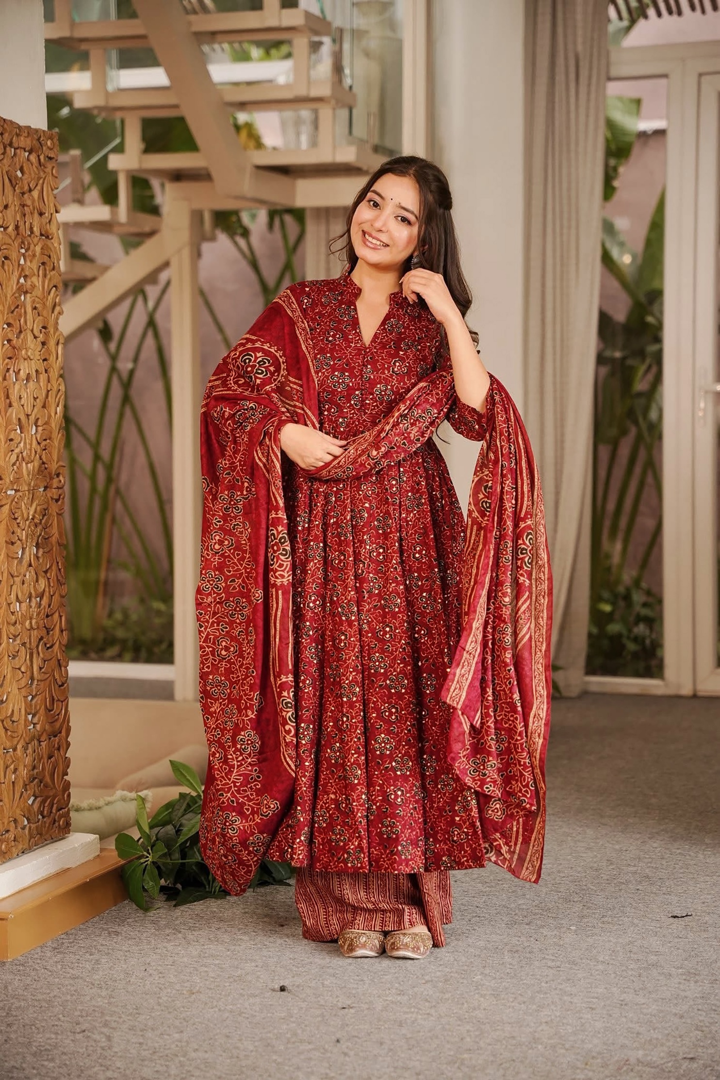 Maroon Floral Digital Print Muslin Anarkali Suit
