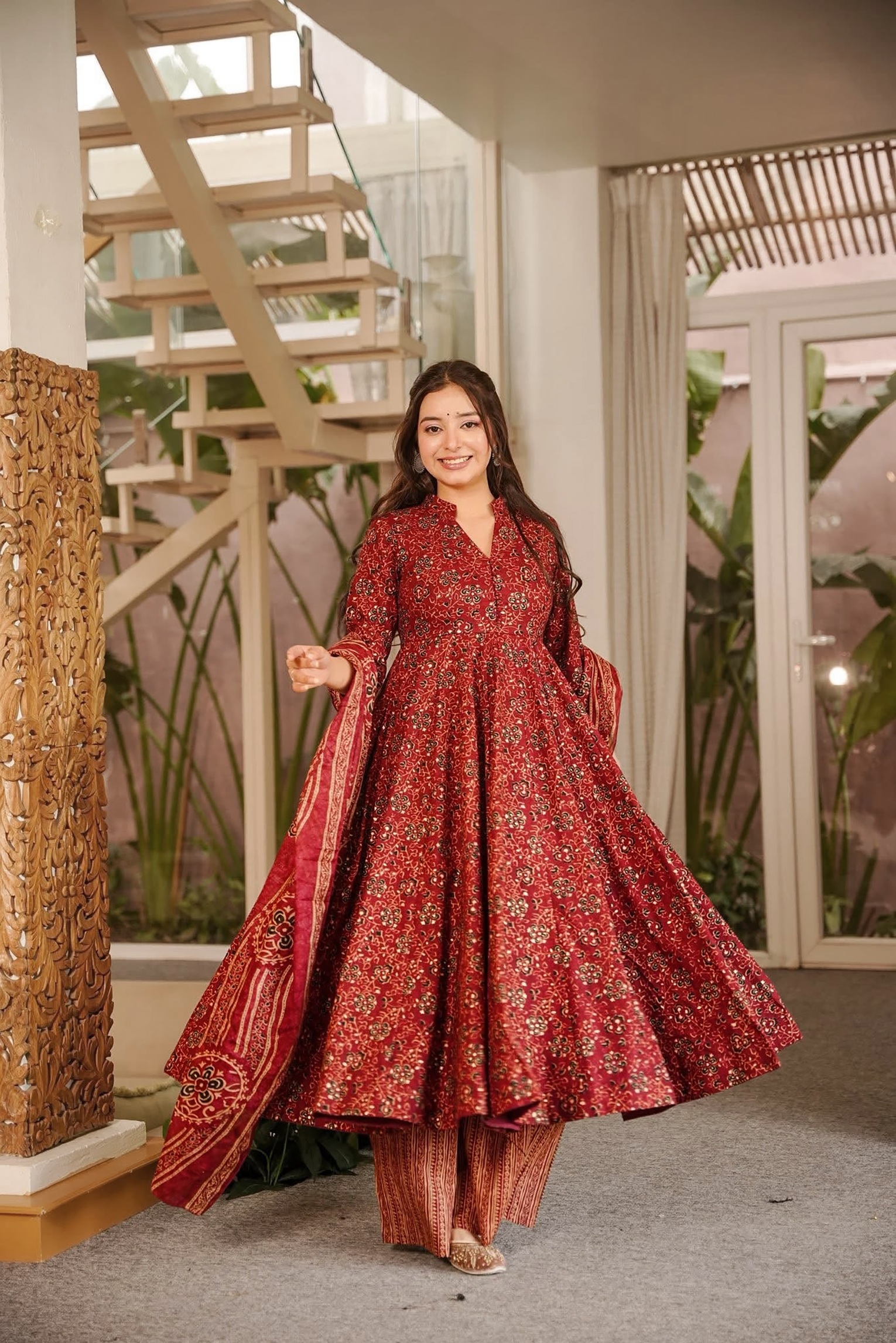 Maroon Floral Digital Print Muslin Anarkali Suit