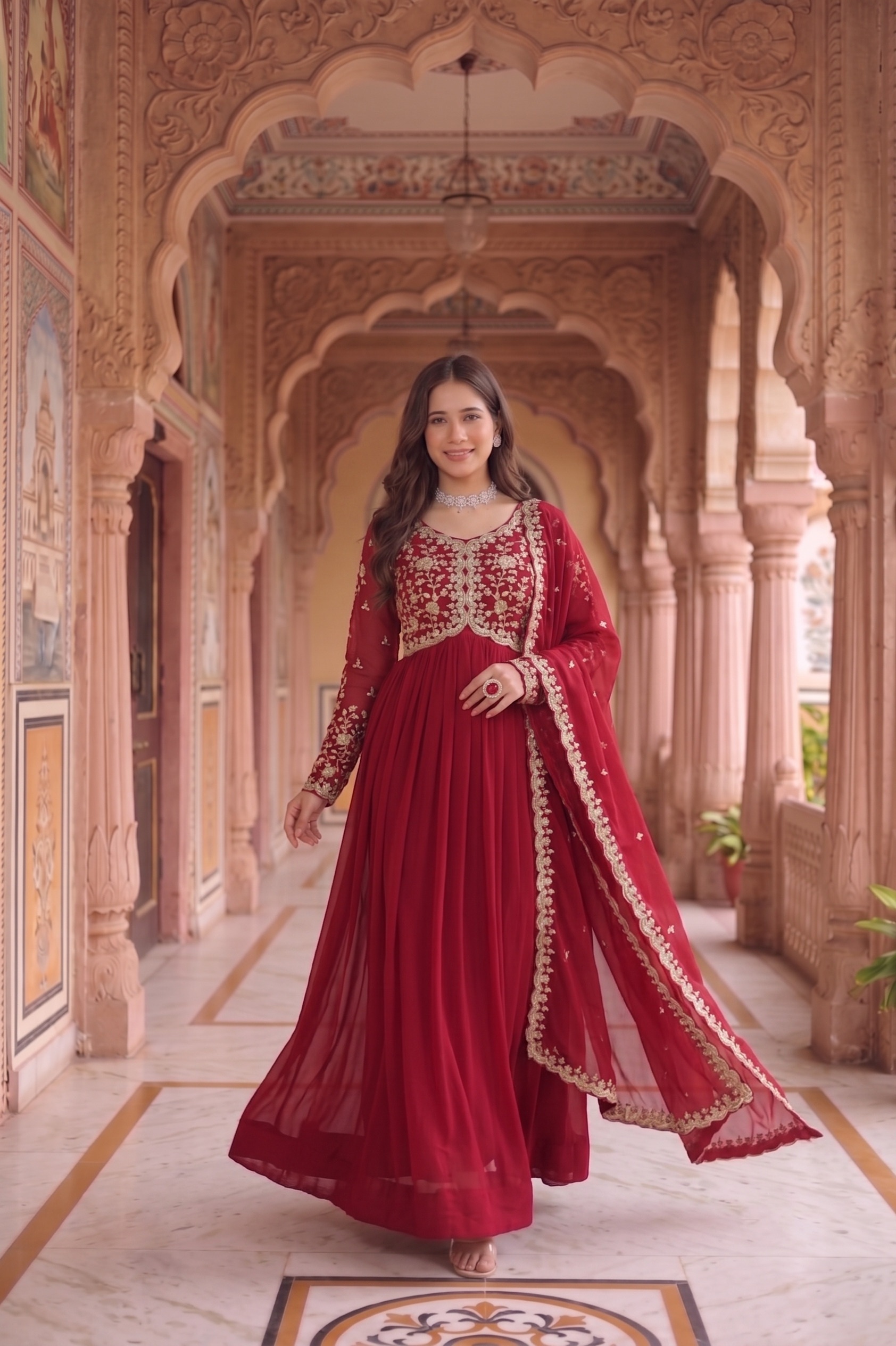 Maroon Floral Embroidered Georgette Anarkali Suit