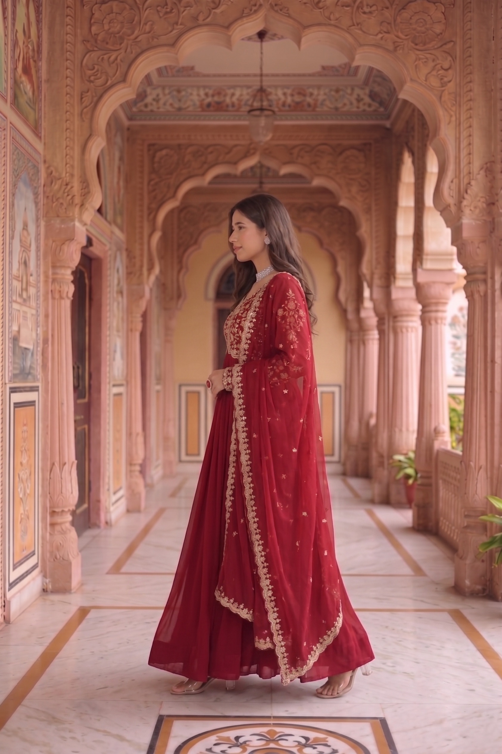 Maroon Floral Embroidered Georgette Anarkali Suit