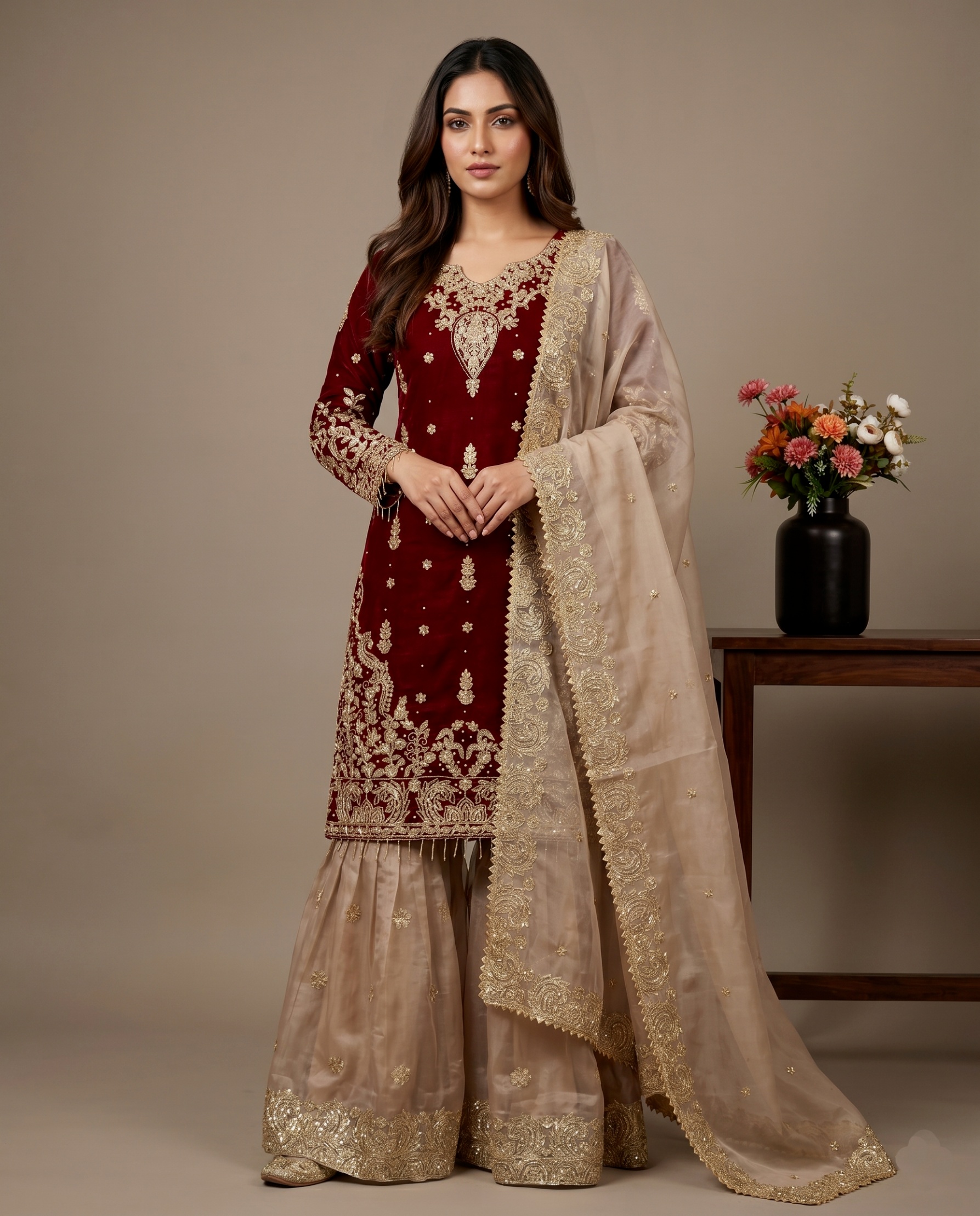 Maroon Floral Embroidered Gmy Silk Straight Sharara Suit