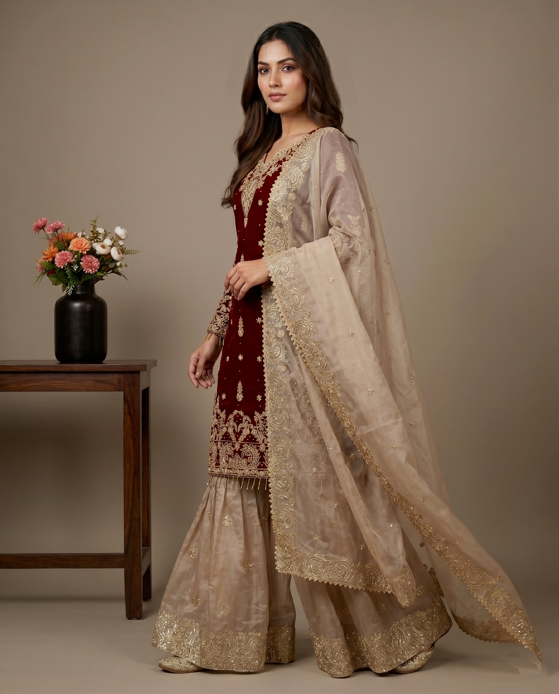 Maroon Floral Embroidered Gmy Silk Straight Sharara Suit — alternate view