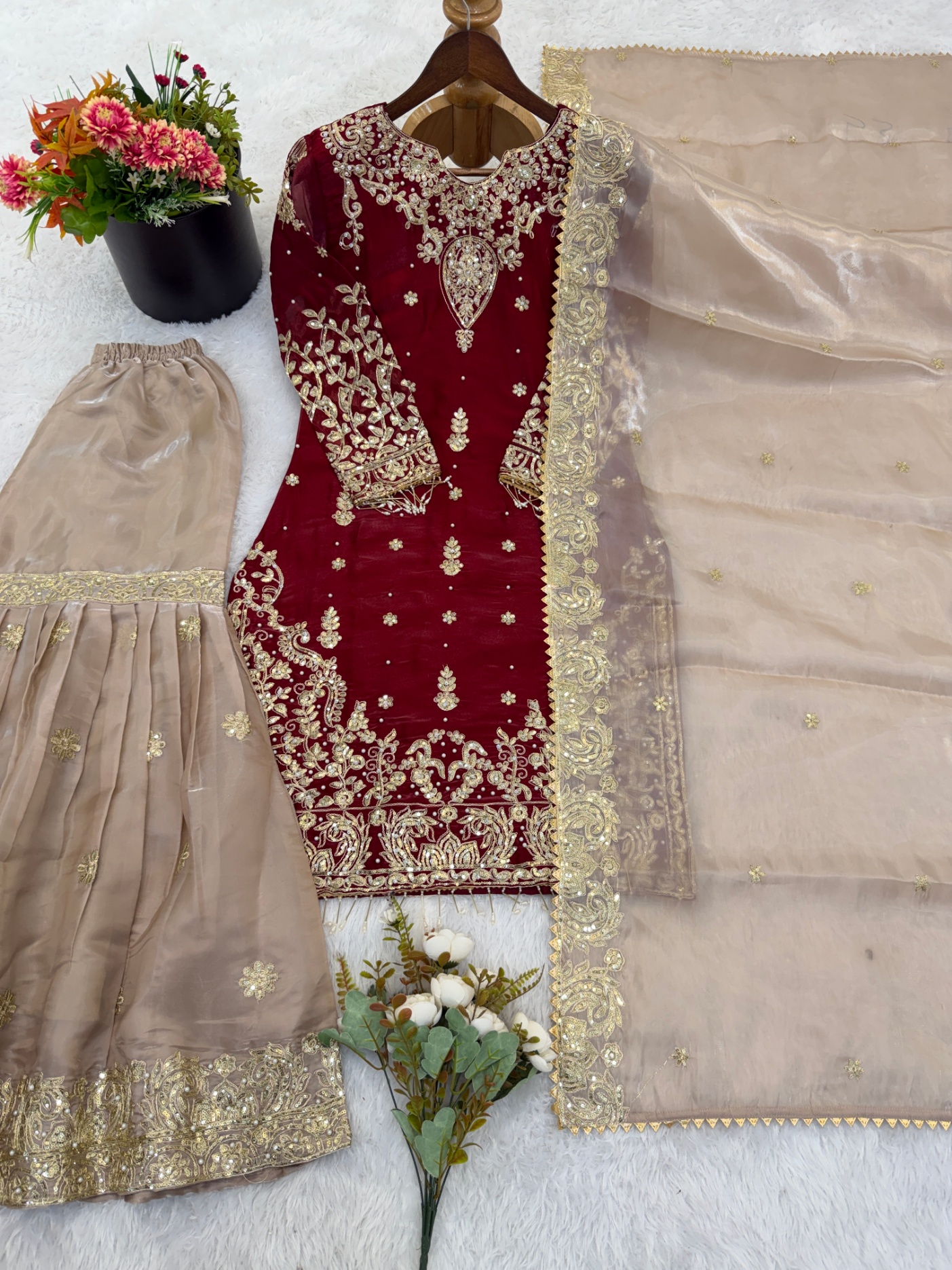 Maroon Floral Embroidered Gmy Silk Straight Sharara Suit