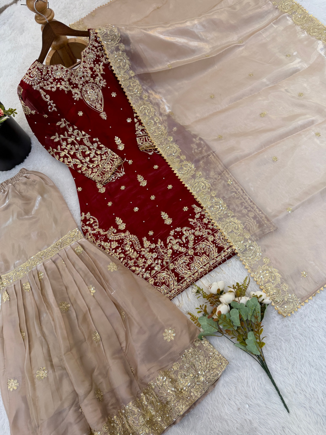Maroon Floral Embroidered Gmy Silk Straight Sharara Suit