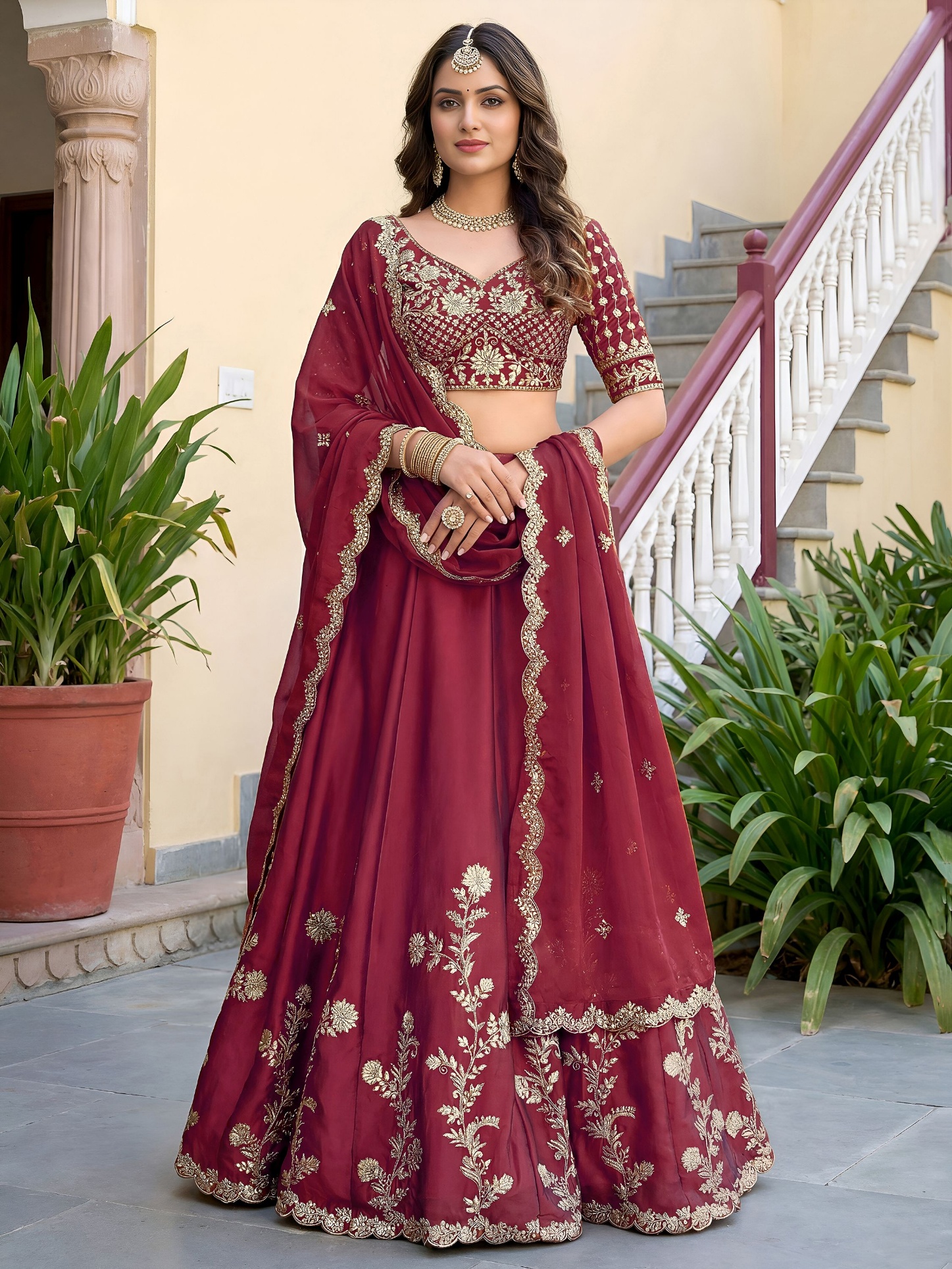 Maroon Floral Embroidered Rangoli Silk Lehenga Choli