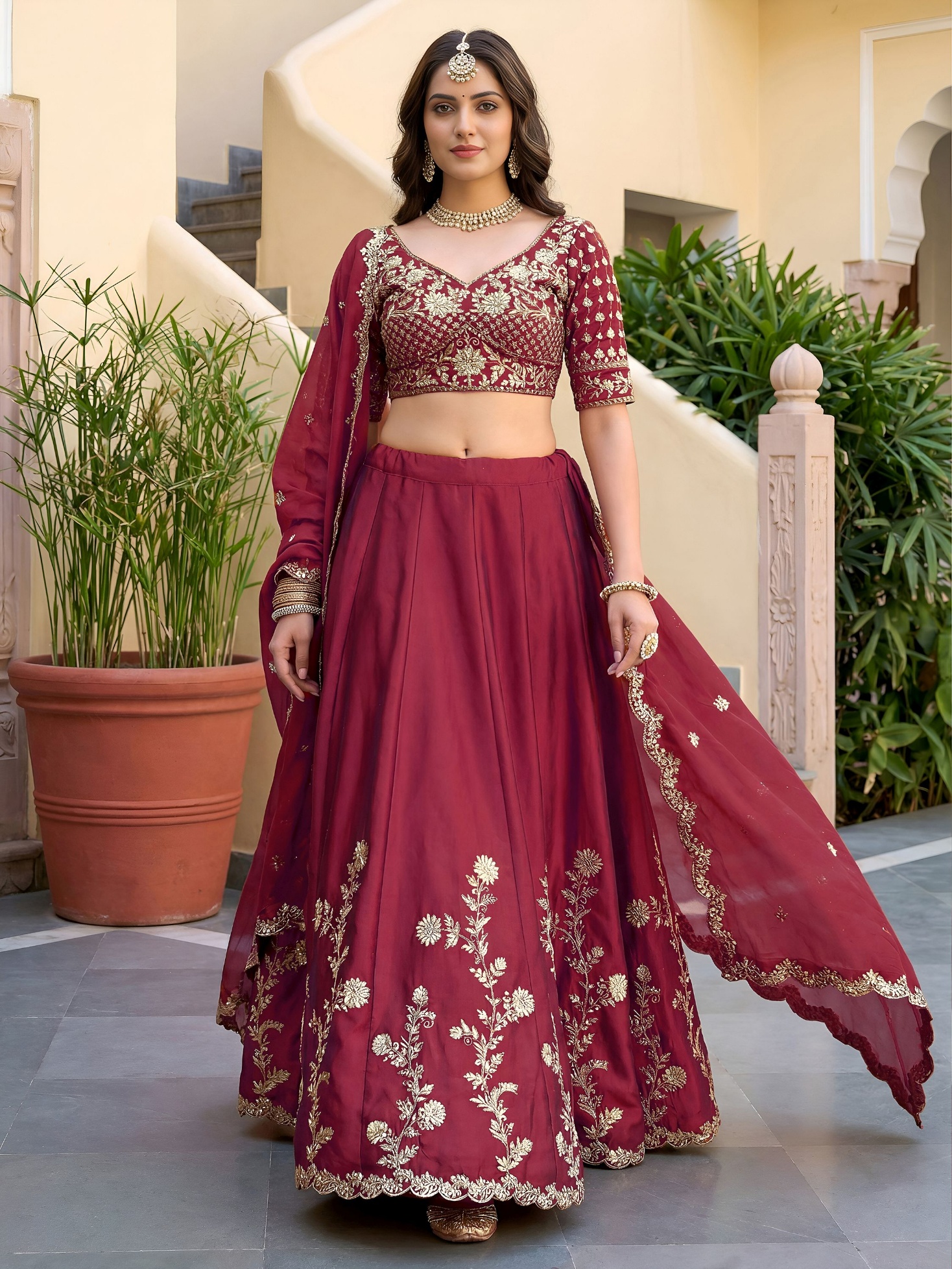Maroon Floral Embroidered Rangoli Silk Lehenga Choli