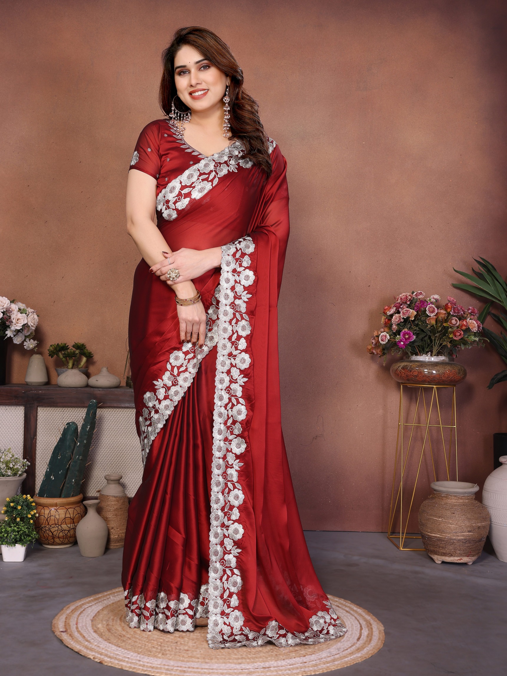 Maroon Floral Embroidered Rangoli Silk Party Wear Saree