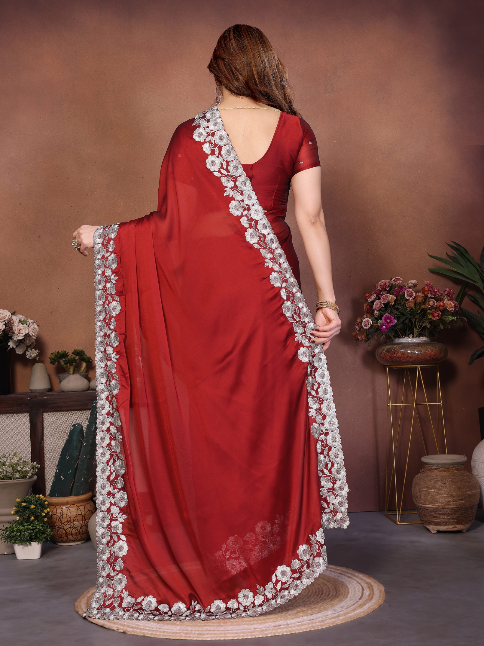 Maroon Floral Embroidered Rangoli Silk Party Wear Saree — alternate view