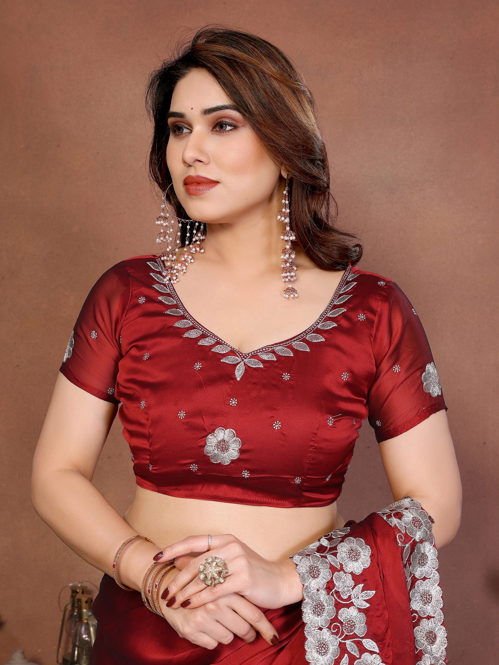 Maroon Floral Embroidered Rangoli Silk Party Wear Saree