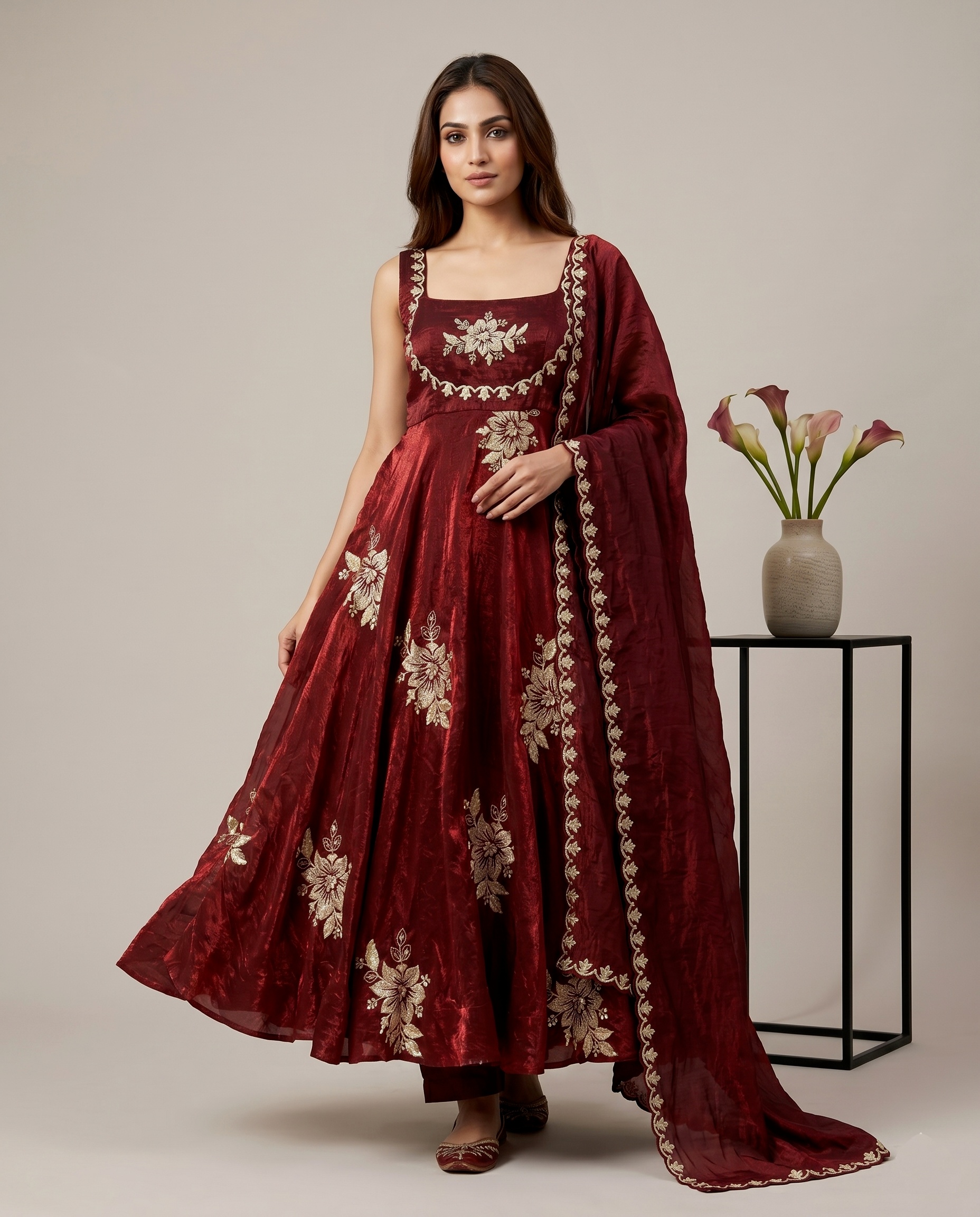 Maroon Floral Embroidered Silk Anarkali Suit