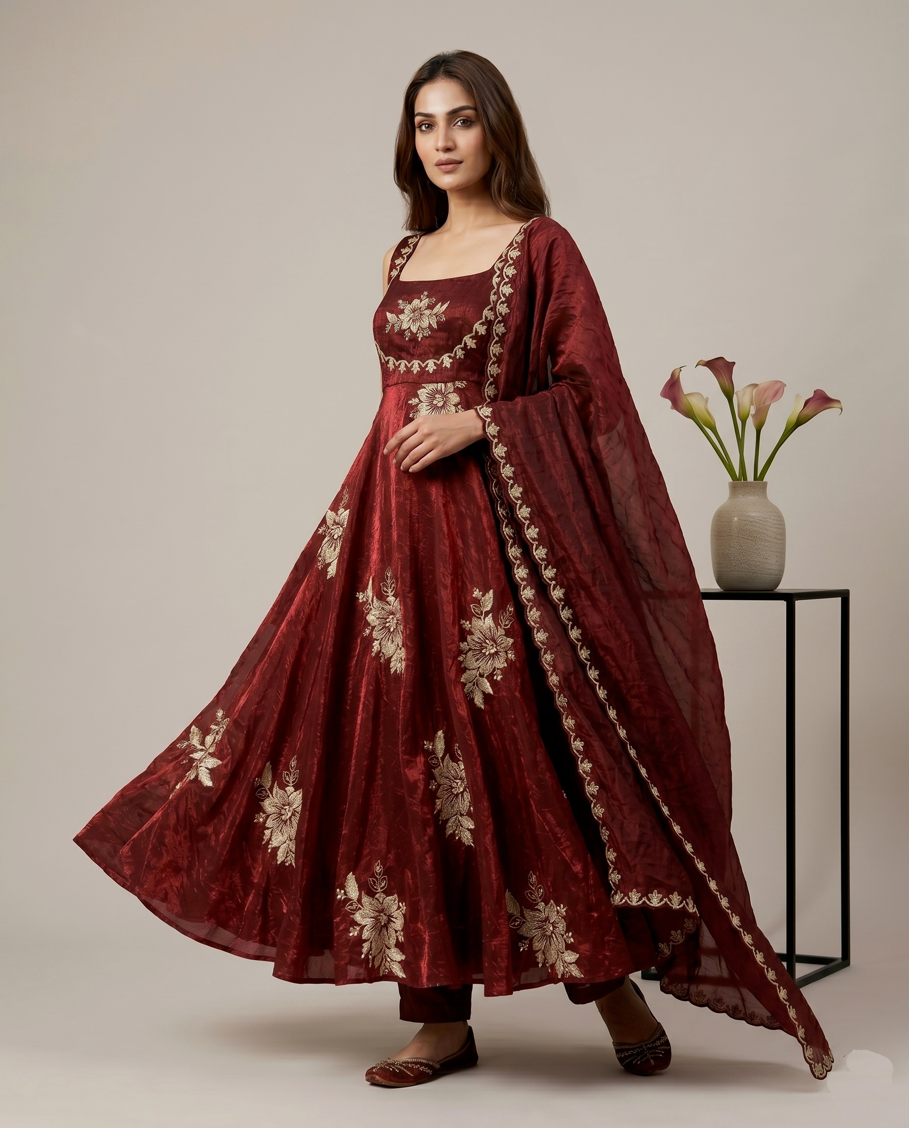 Maroon Floral Embroidered Silk Anarkali Suit — alternate view