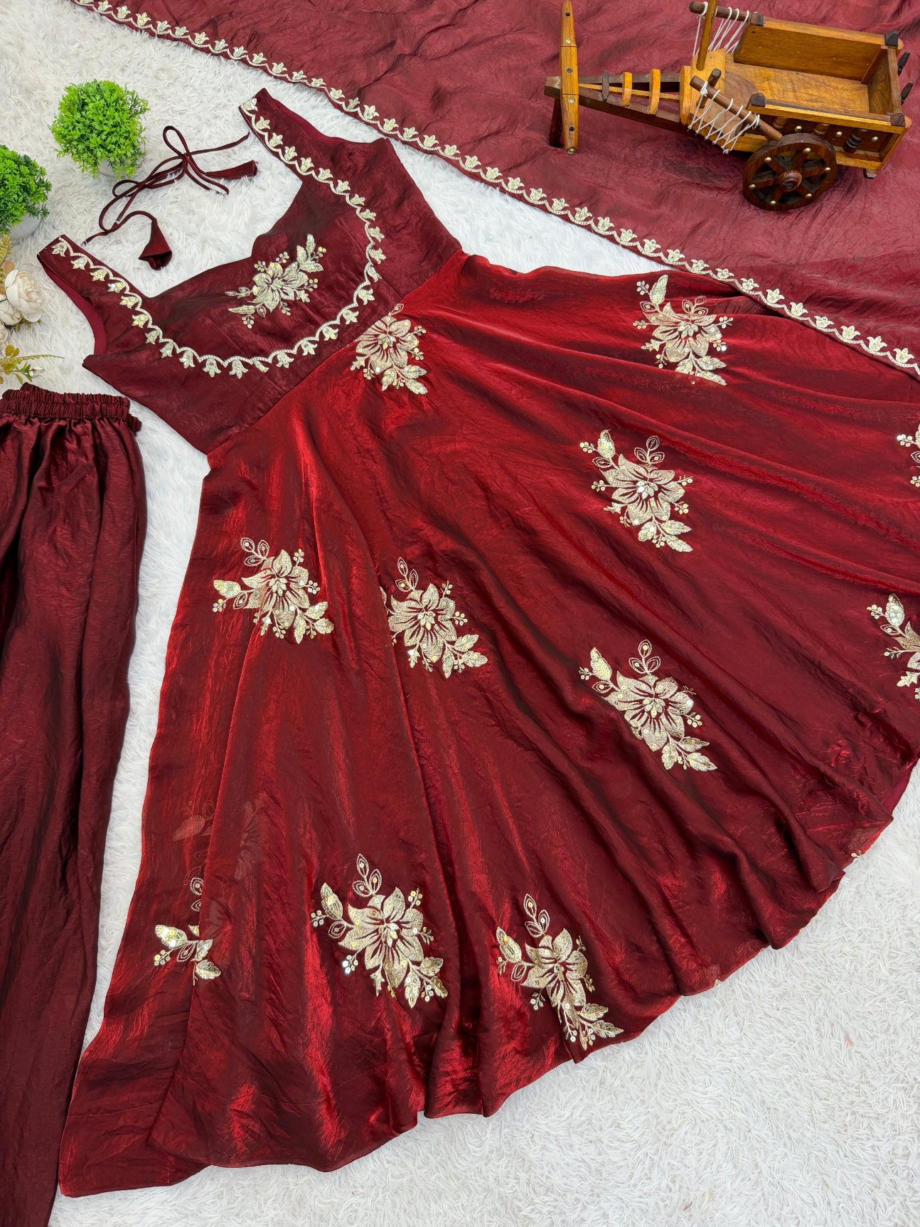 Maroon Floral Embroidered Silk Anarkali Suit