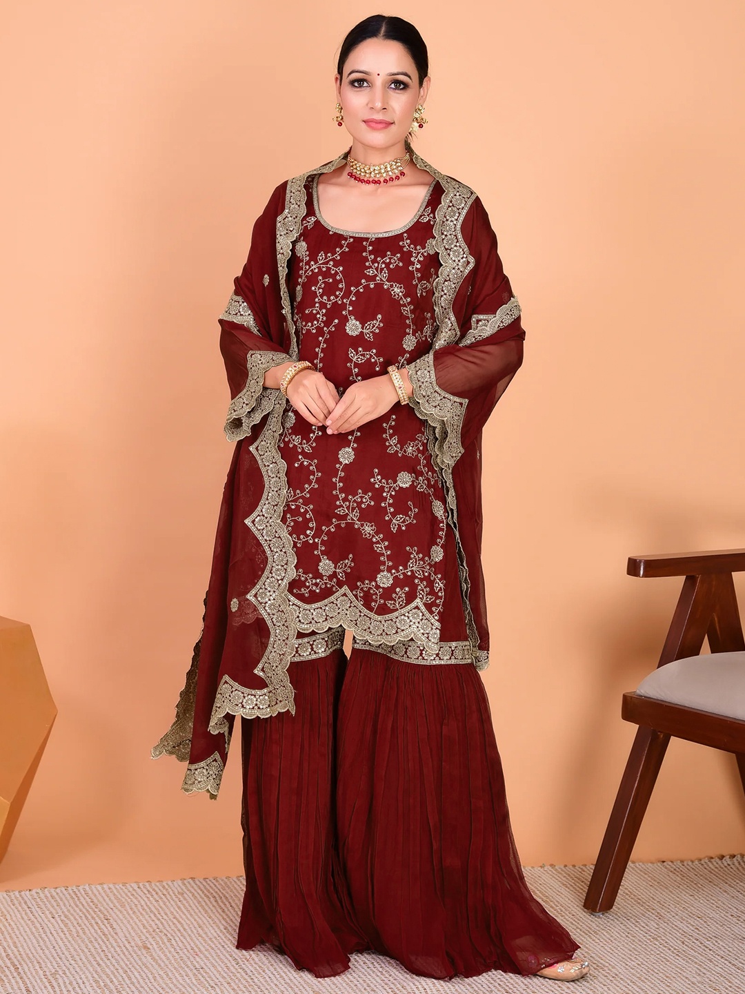 Maroon Floral Embroidery Georgette Kurta Set