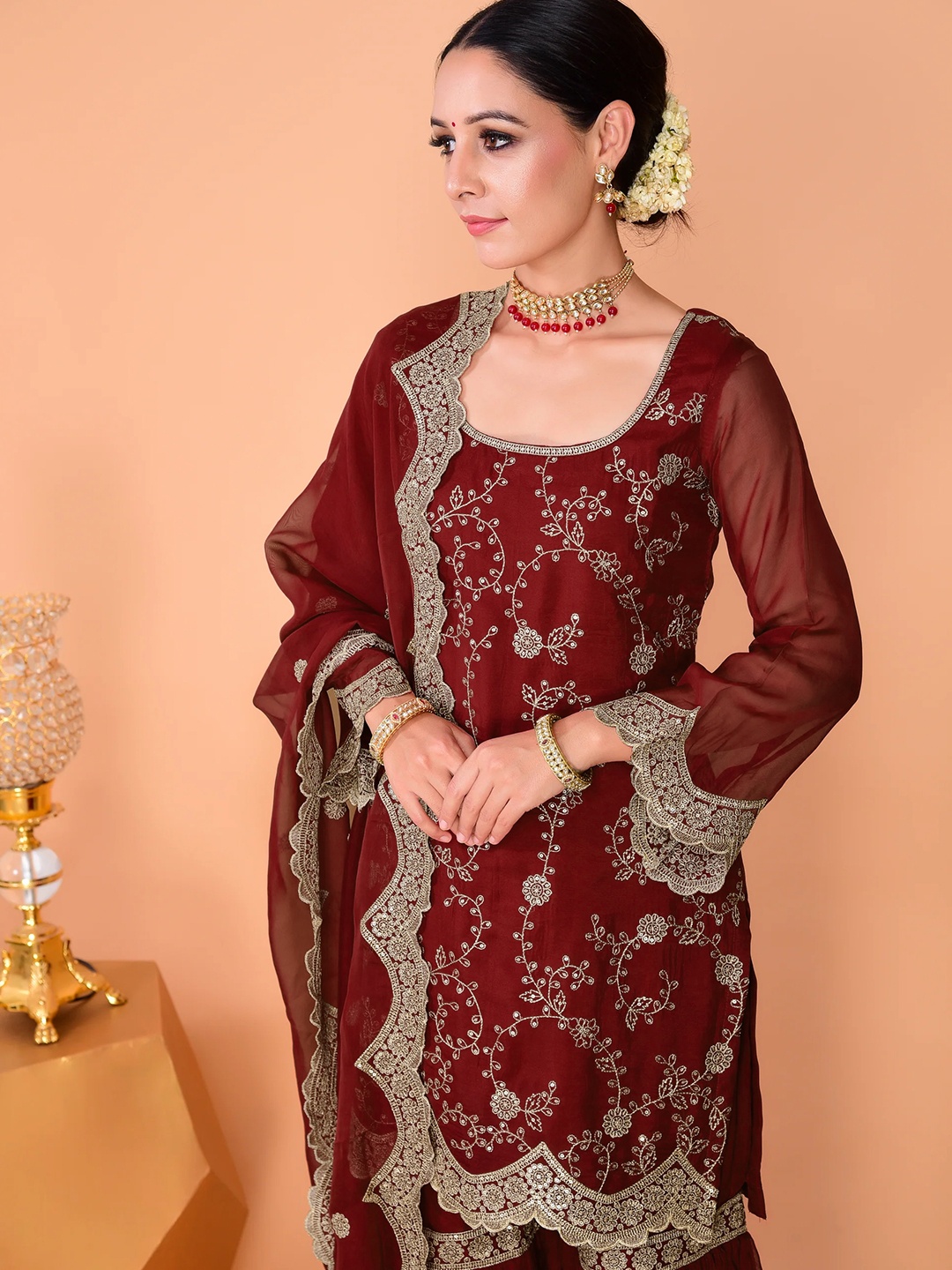 Maroon Floral Embroidery Georgette Kurta Set