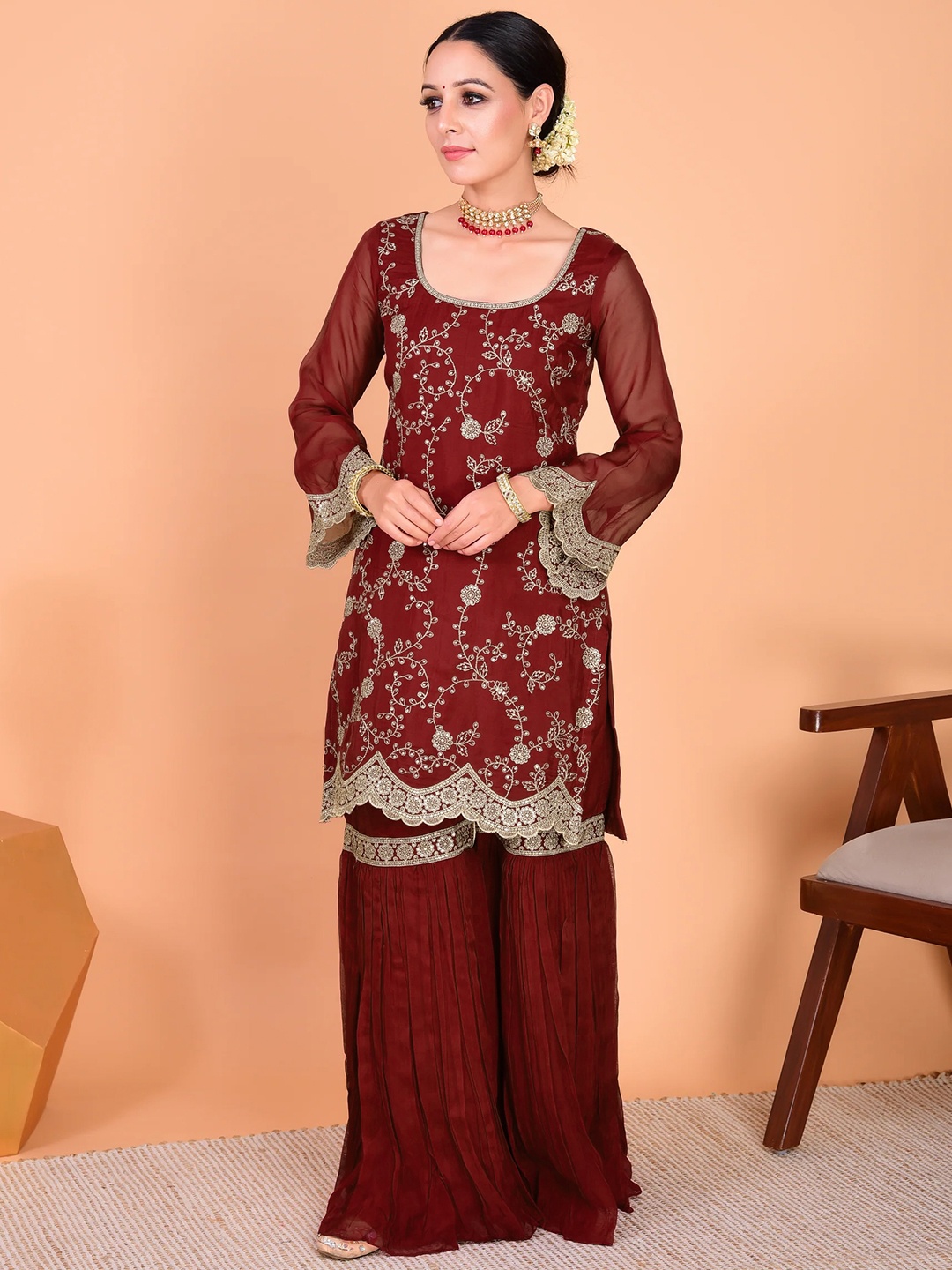 Maroon Floral Embroidery Georgette Kurta Set