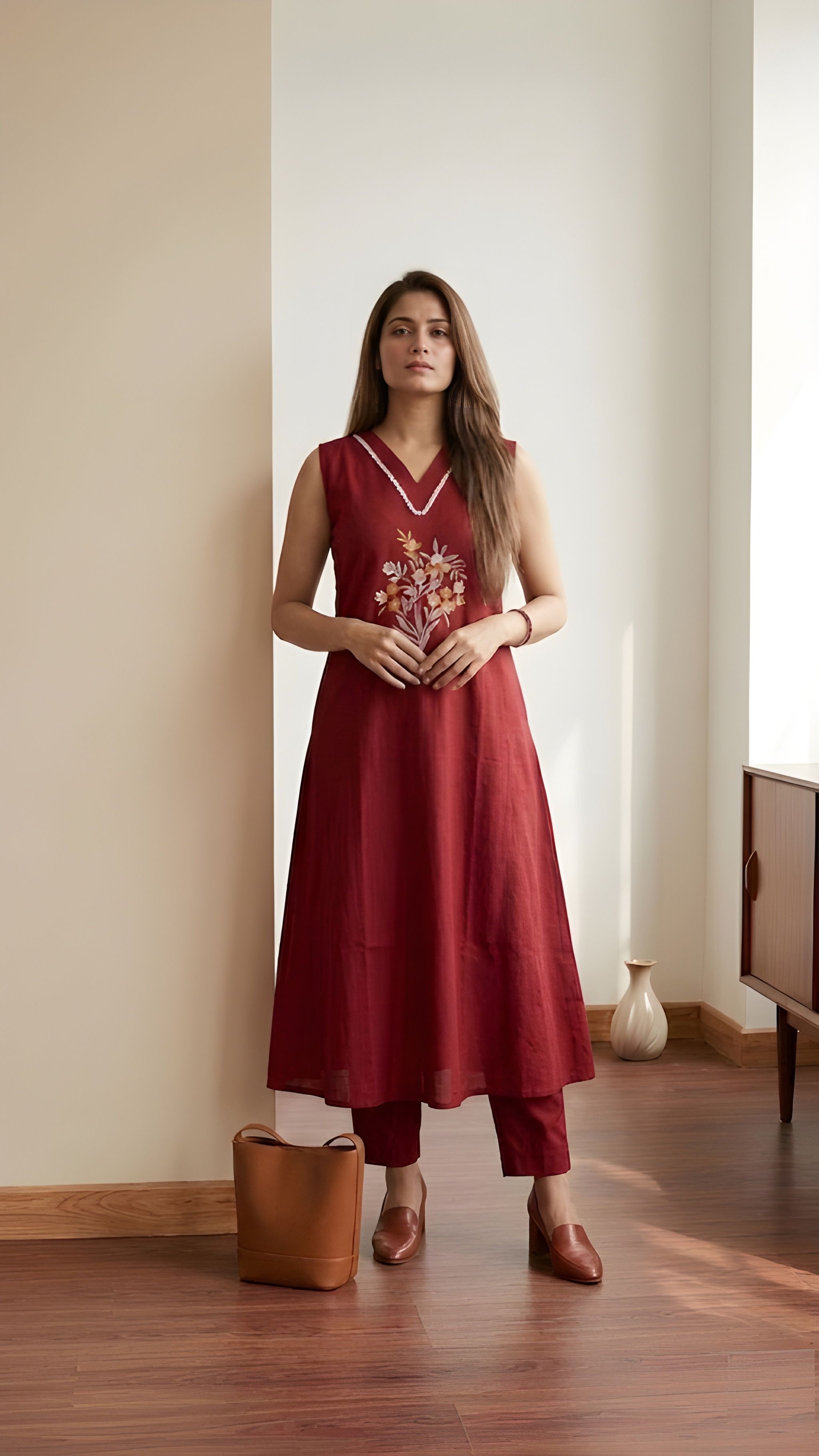 Maroon Floral Embroidery Soft Cotton A-Line Kurta Set