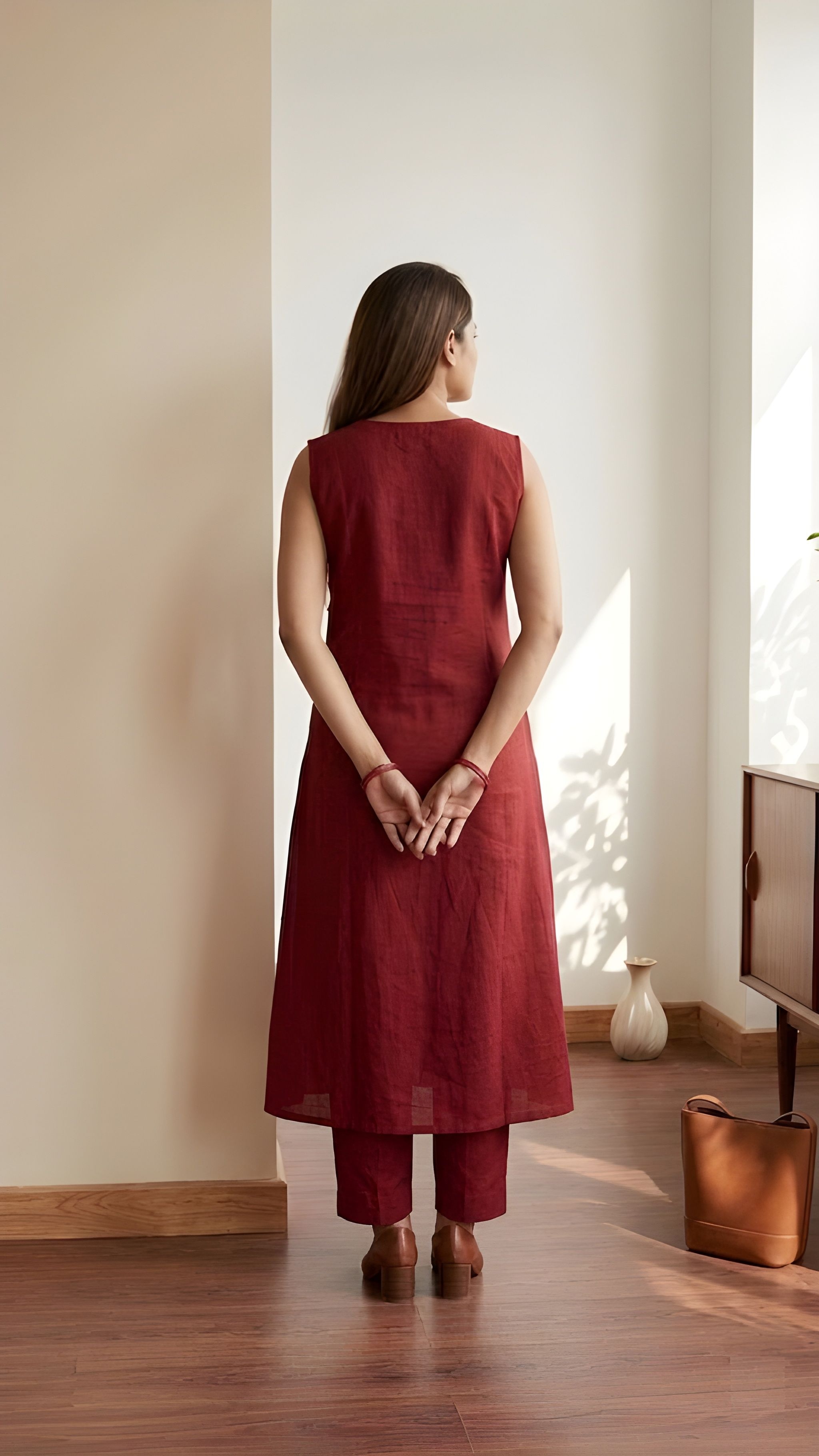 Maroon Floral Embroidery Soft Cotton A-Line Kurta Set — alternate view