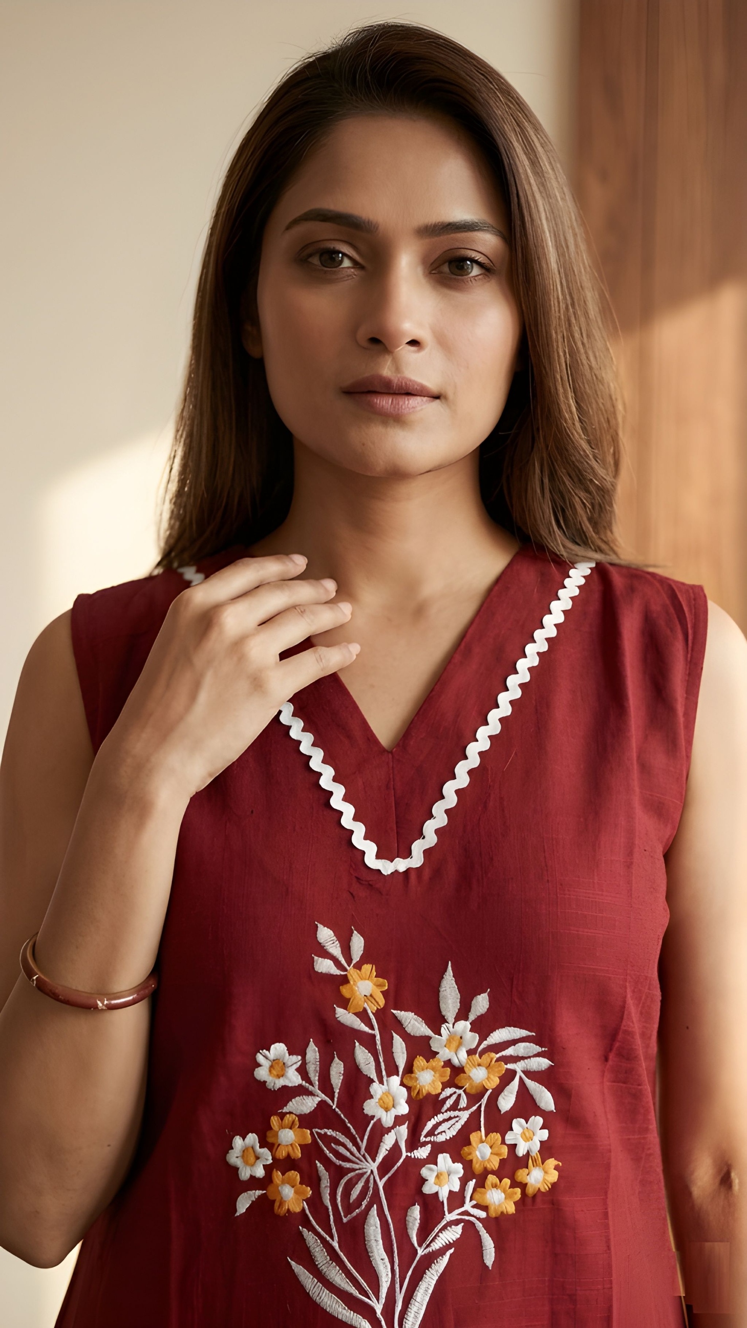 Maroon Floral Embroidery Soft Cotton A-Line Kurta Set