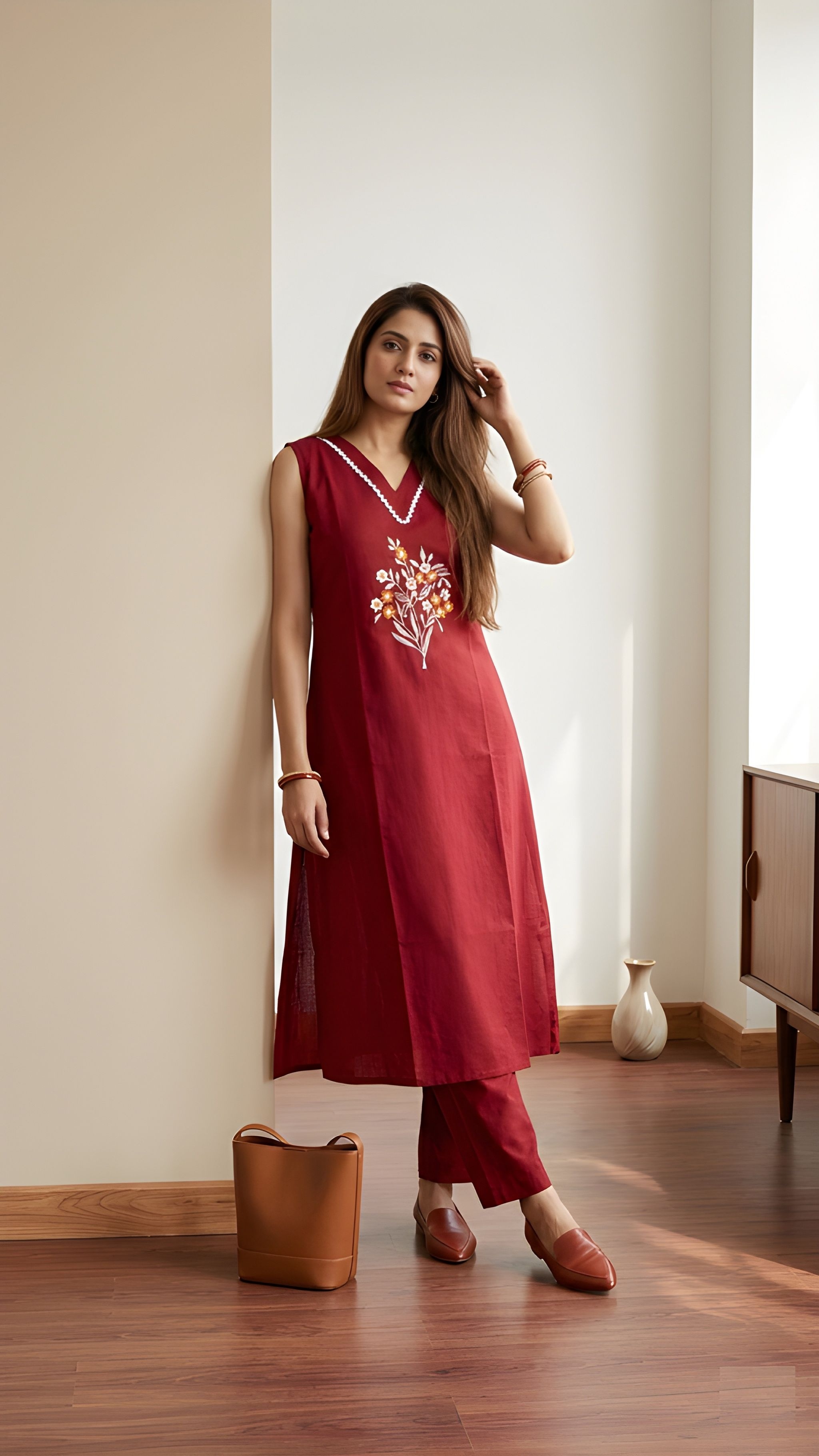 Maroon Floral Embroidery Soft Cotton A-Line Kurta Set