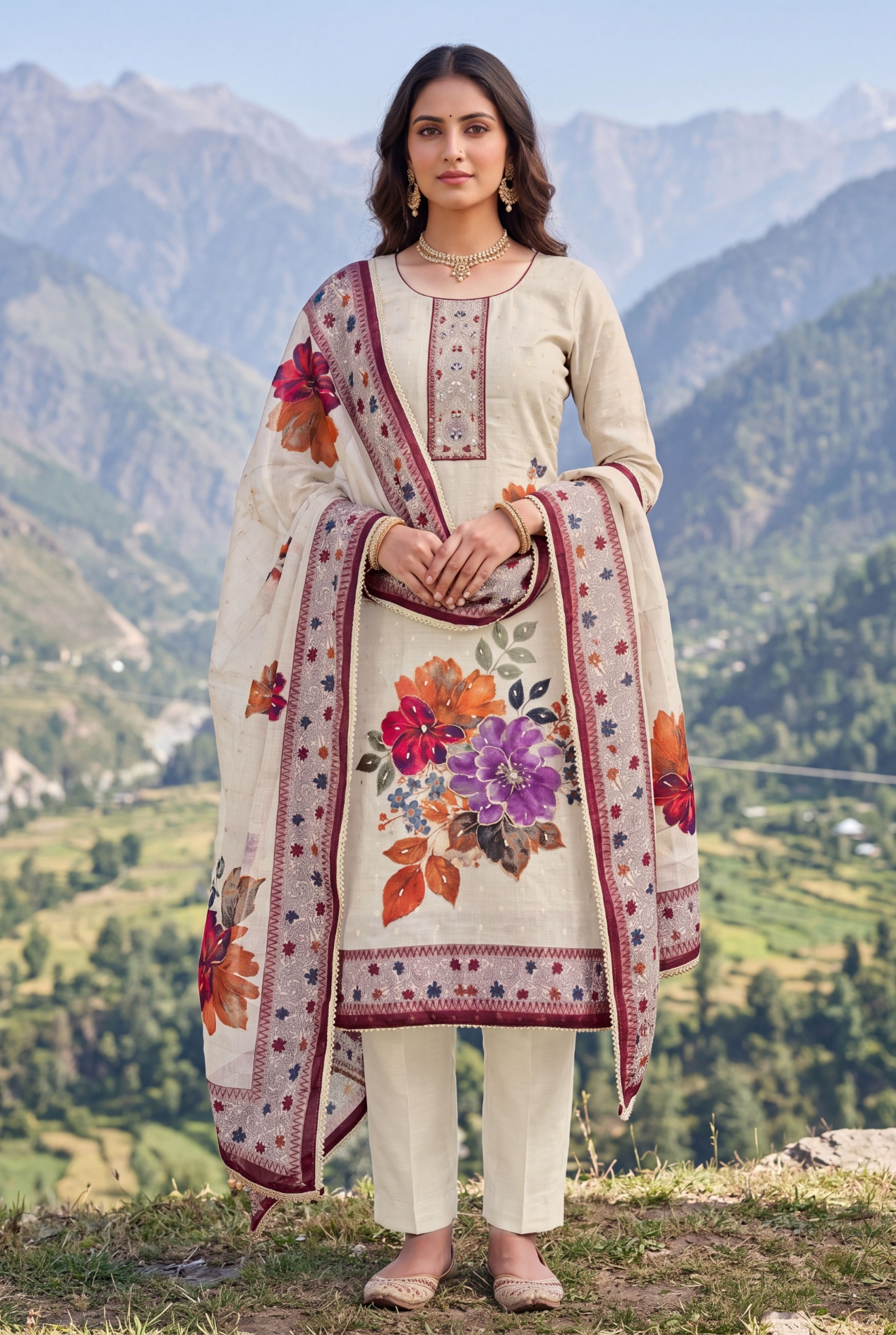 Maroon Floral Hand Work Modal Cotton Salwar Suit