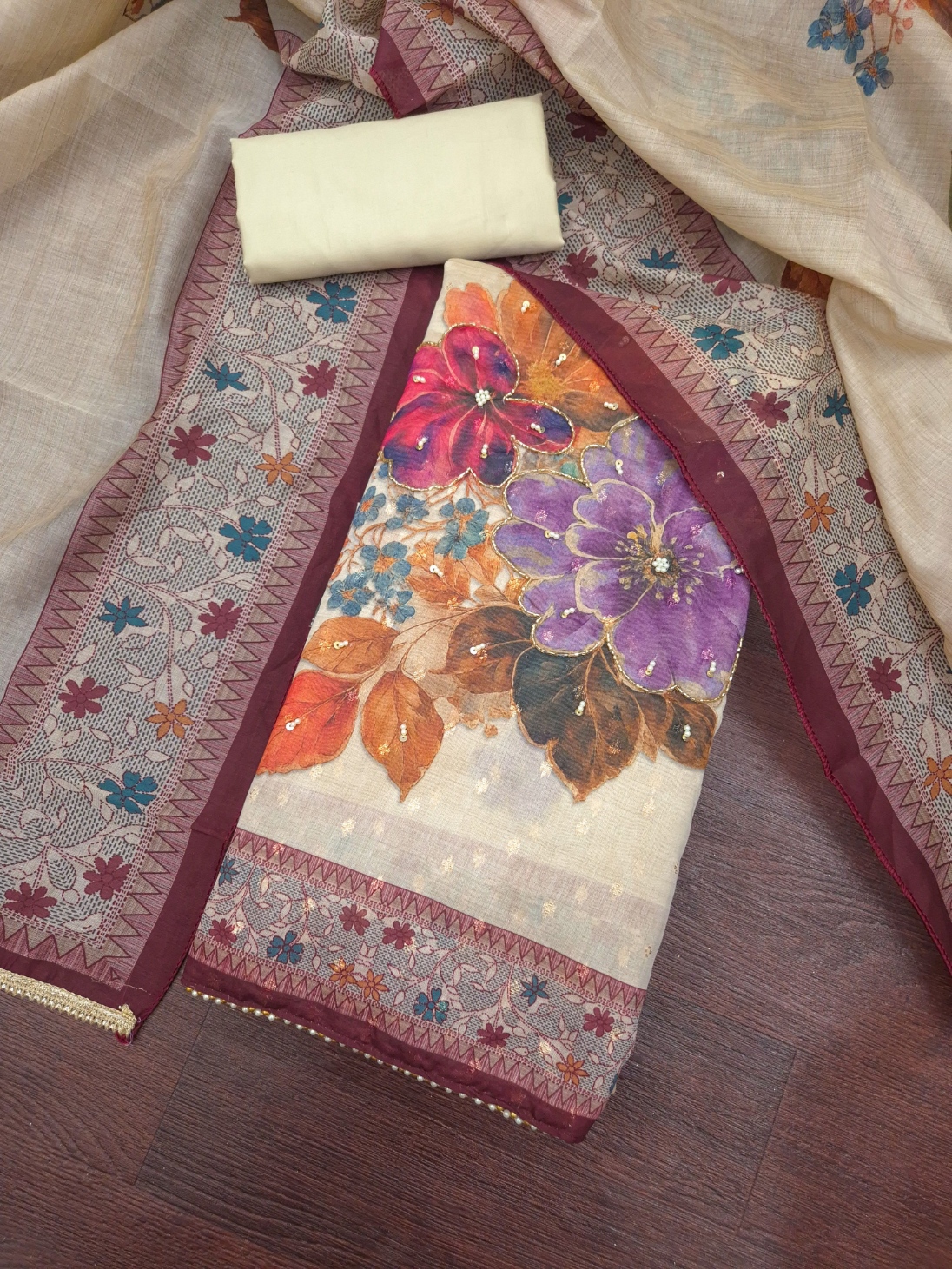 Maroon Floral Hand Work Modal Cotton Salwar Suit
