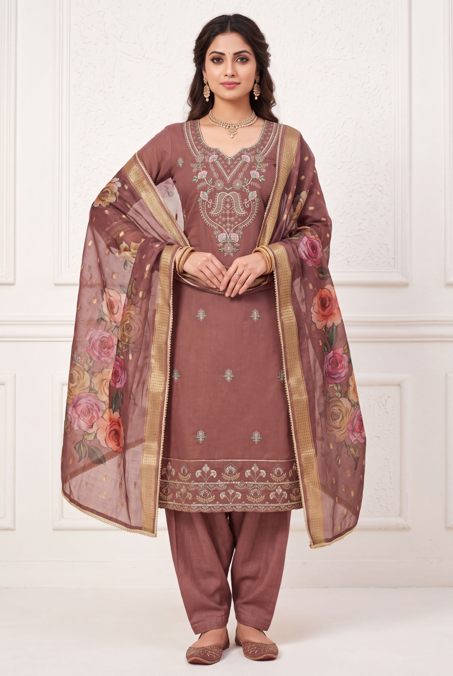 Maroon Floral Handwork Cotton Silk Straight Suit