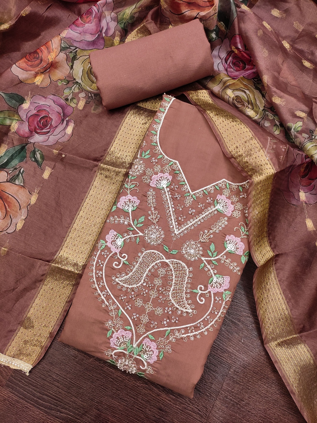 Maroon Floral Handwork Cotton Silk Straight Suit