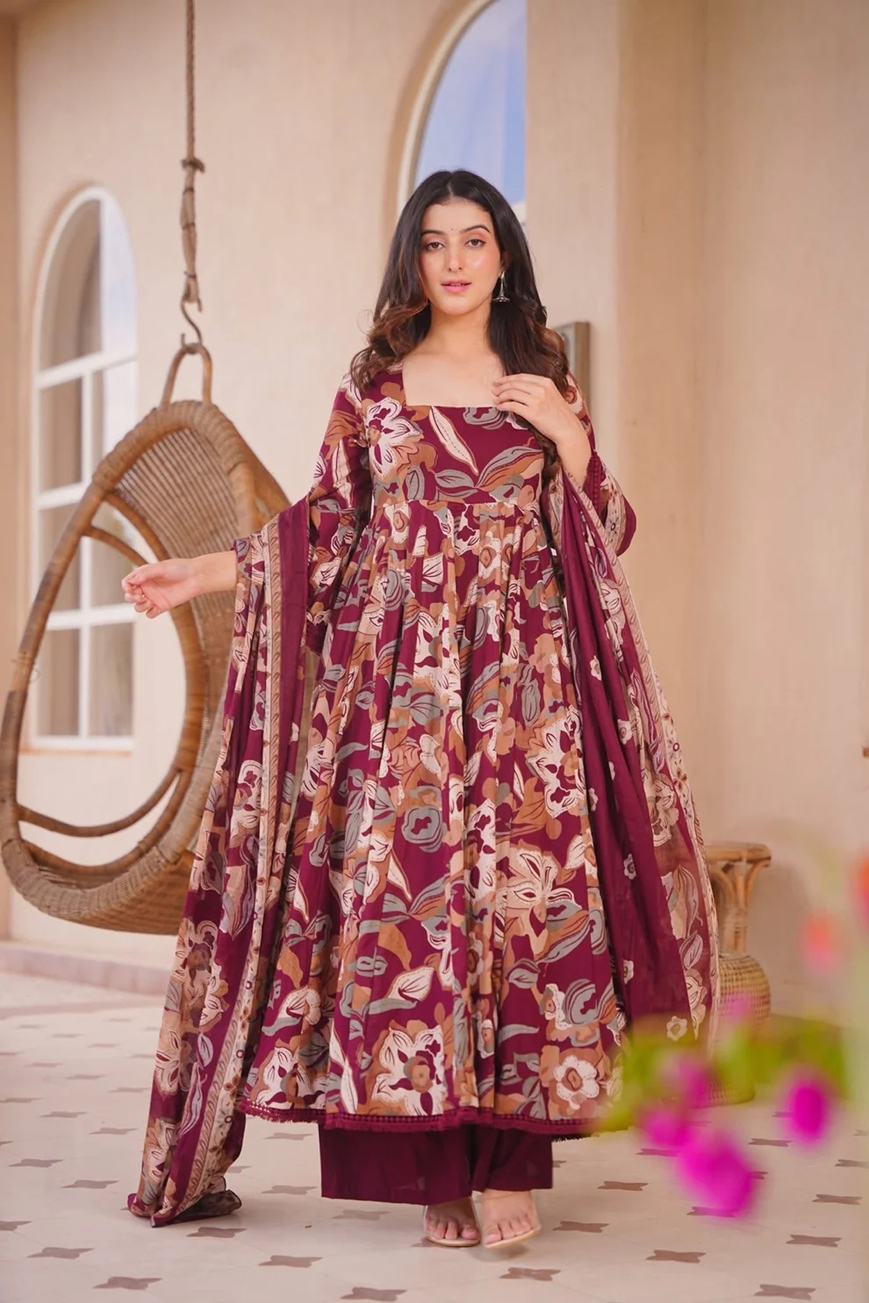 Maroon Floral Printed Anarkali Suit