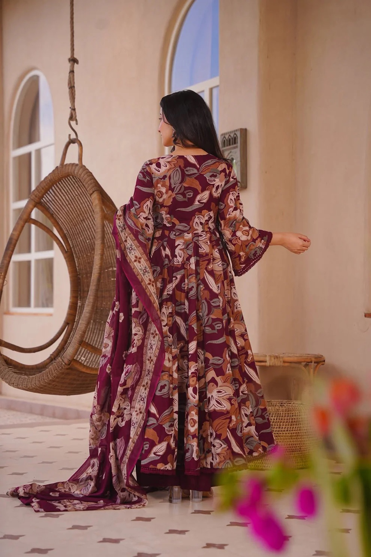 Maroon Floral Printed Anarkali Suit — alternate view