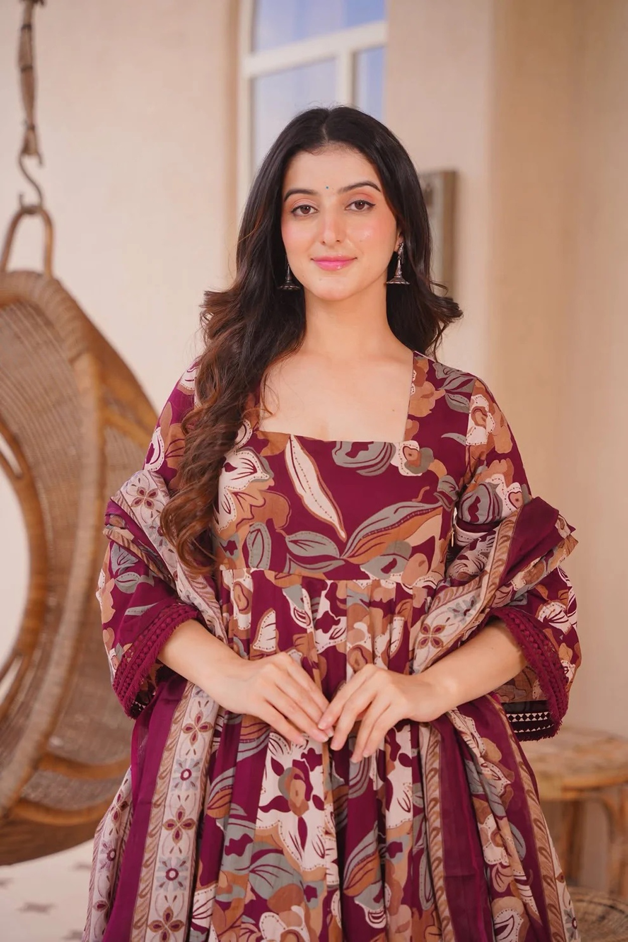 Maroon Floral Printed Anarkali Suit