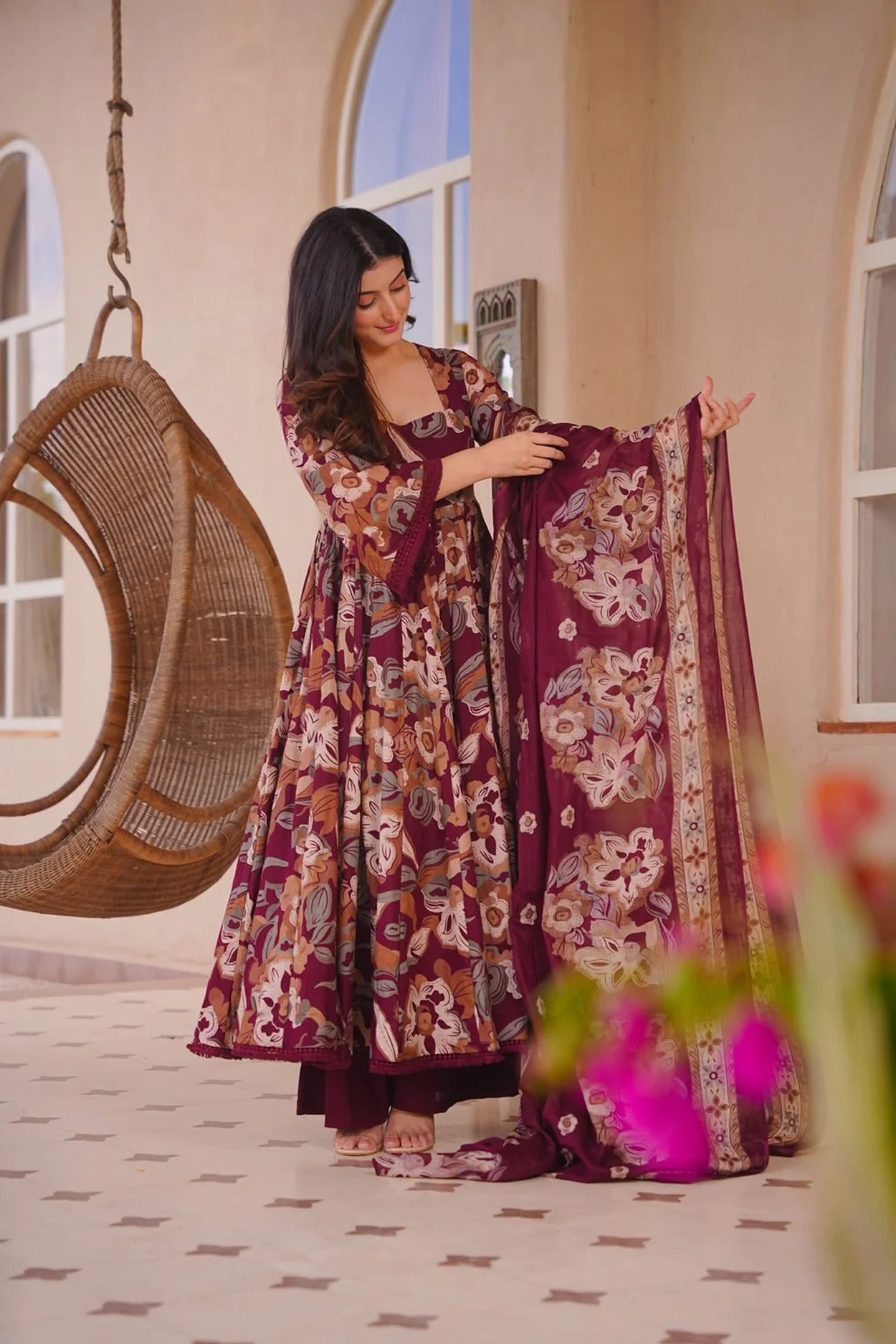 Maroon Floral Printed Anarkali Suit