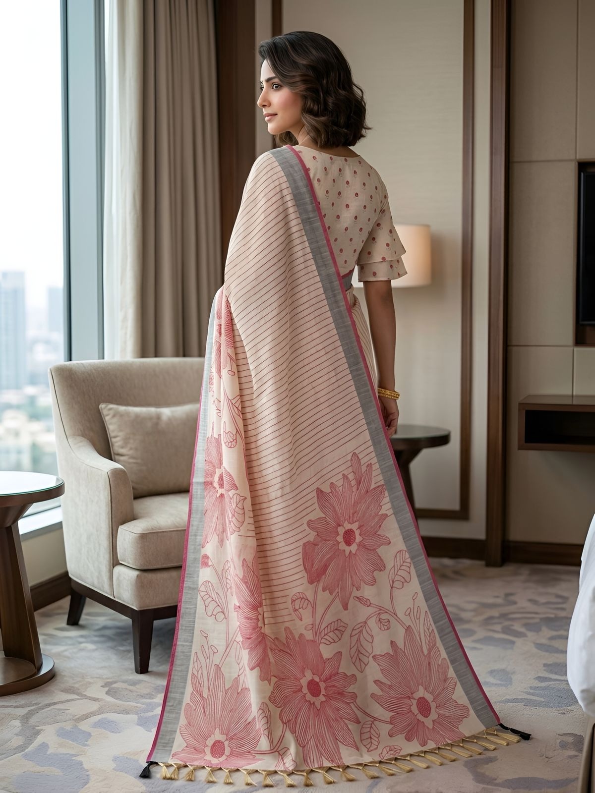 Maroon Floral Printed Linen Saree — alternate view
