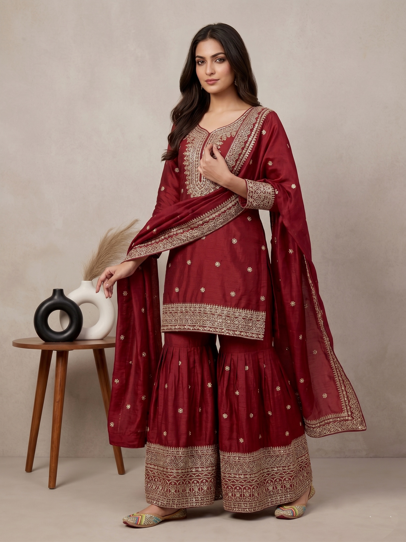Maroon Floral Pure Heavy Chinnon Silk Sharara Suit