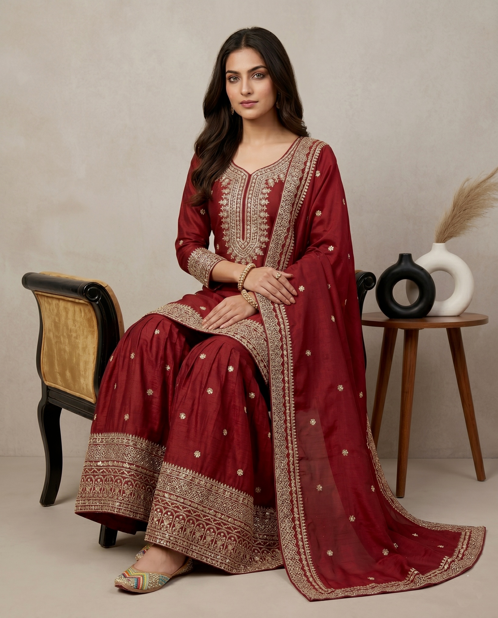 Maroon Floral Pure Heavy Chinnon Silk Sharara Suit — alternate view