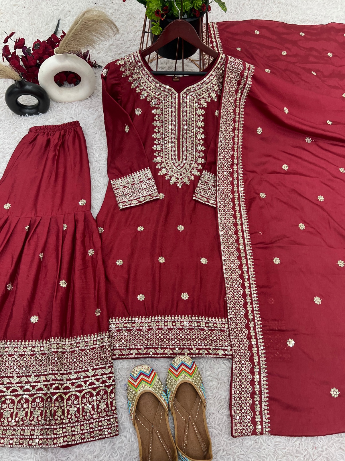 Maroon Floral Pure Heavy Chinnon Silk Sharara Suit