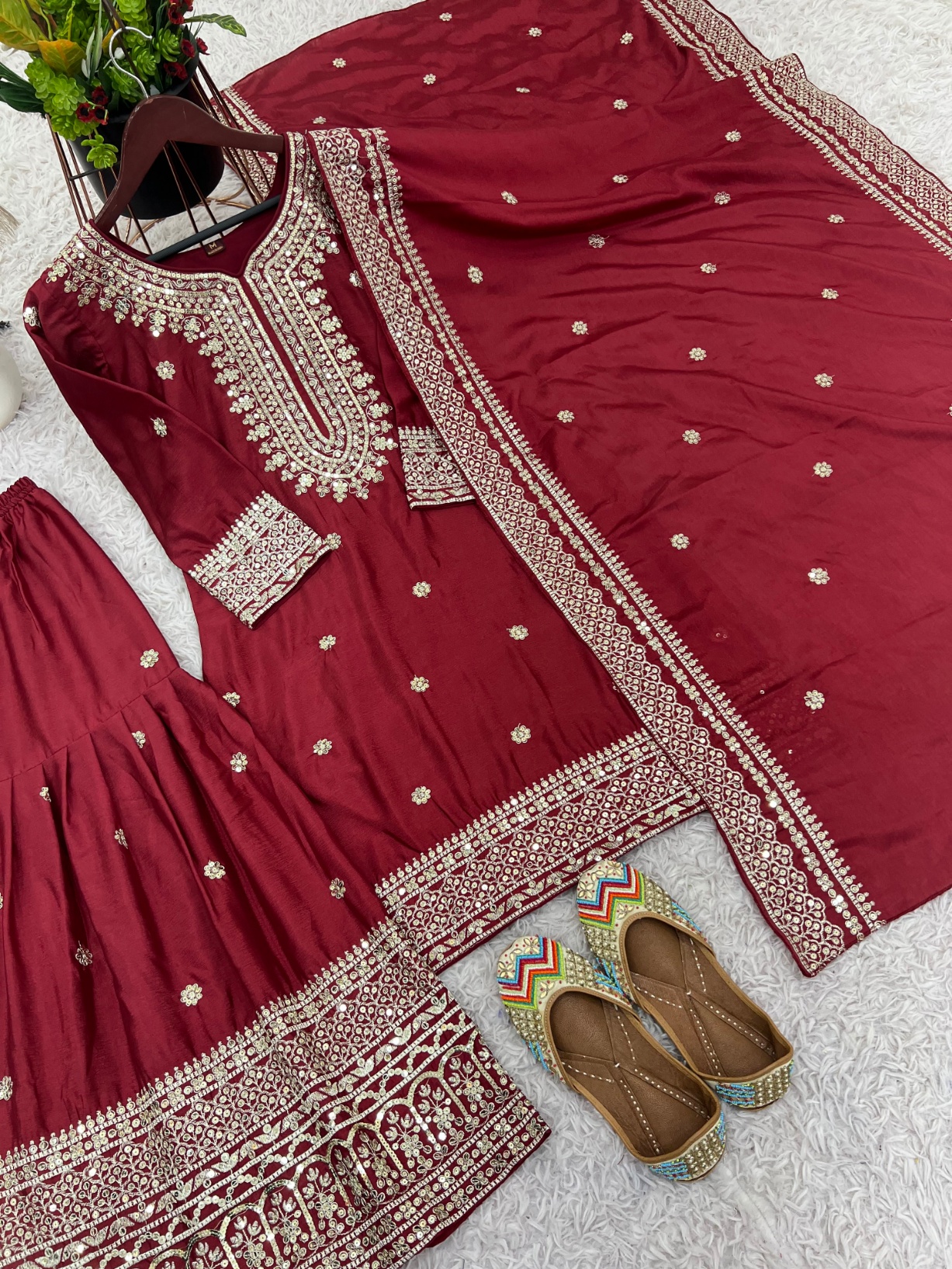 Maroon Floral Pure Heavy Chinnon Silk Sharara Suit