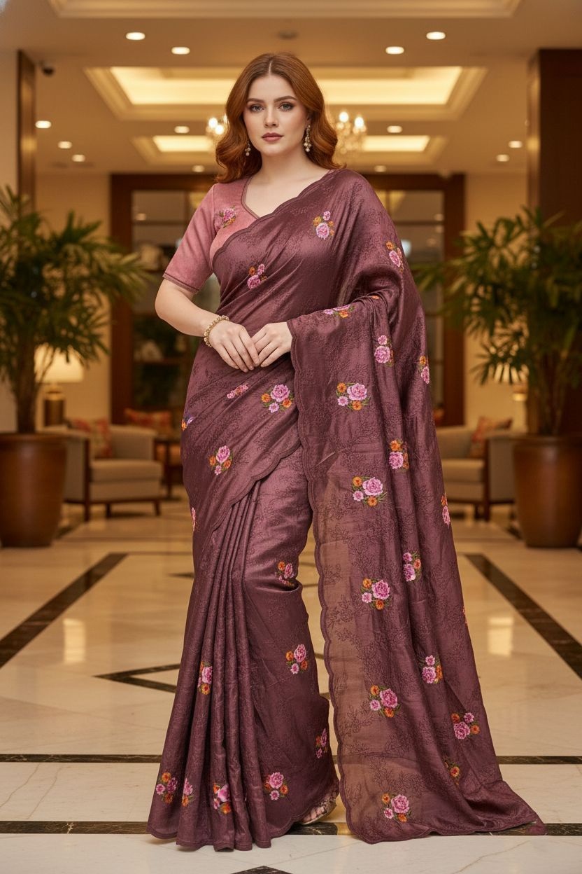 Maroon Floral Sequins Embroidered Manipuri Silk Saree