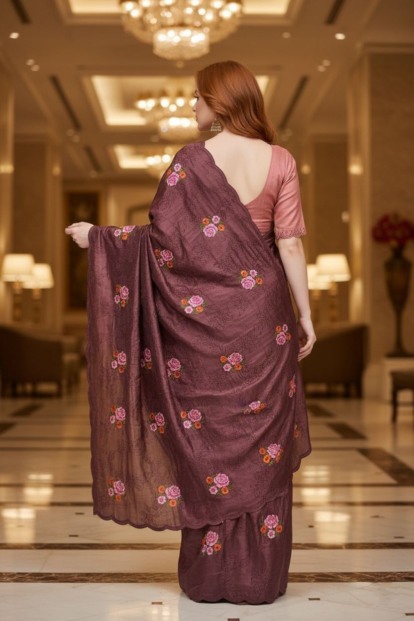 Maroon Floral Sequins Embroidered Manipuri Silk Saree — alternate view