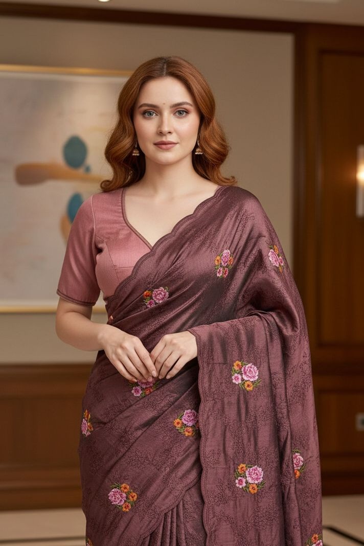 Maroon Floral Sequins Embroidered Manipuri Silk Saree