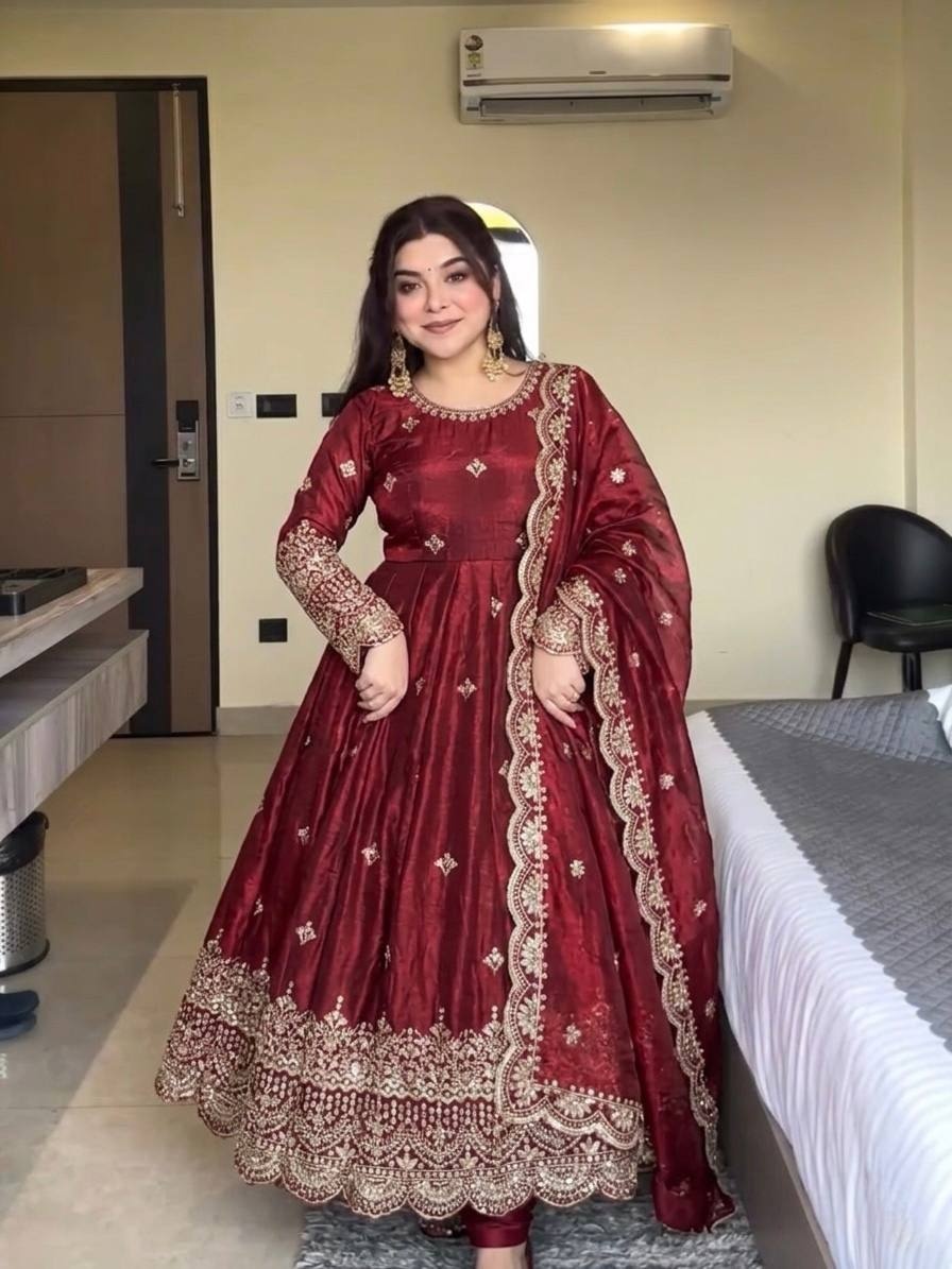 Maroon Floral Sequins Fendy Silk Anarkali Suit