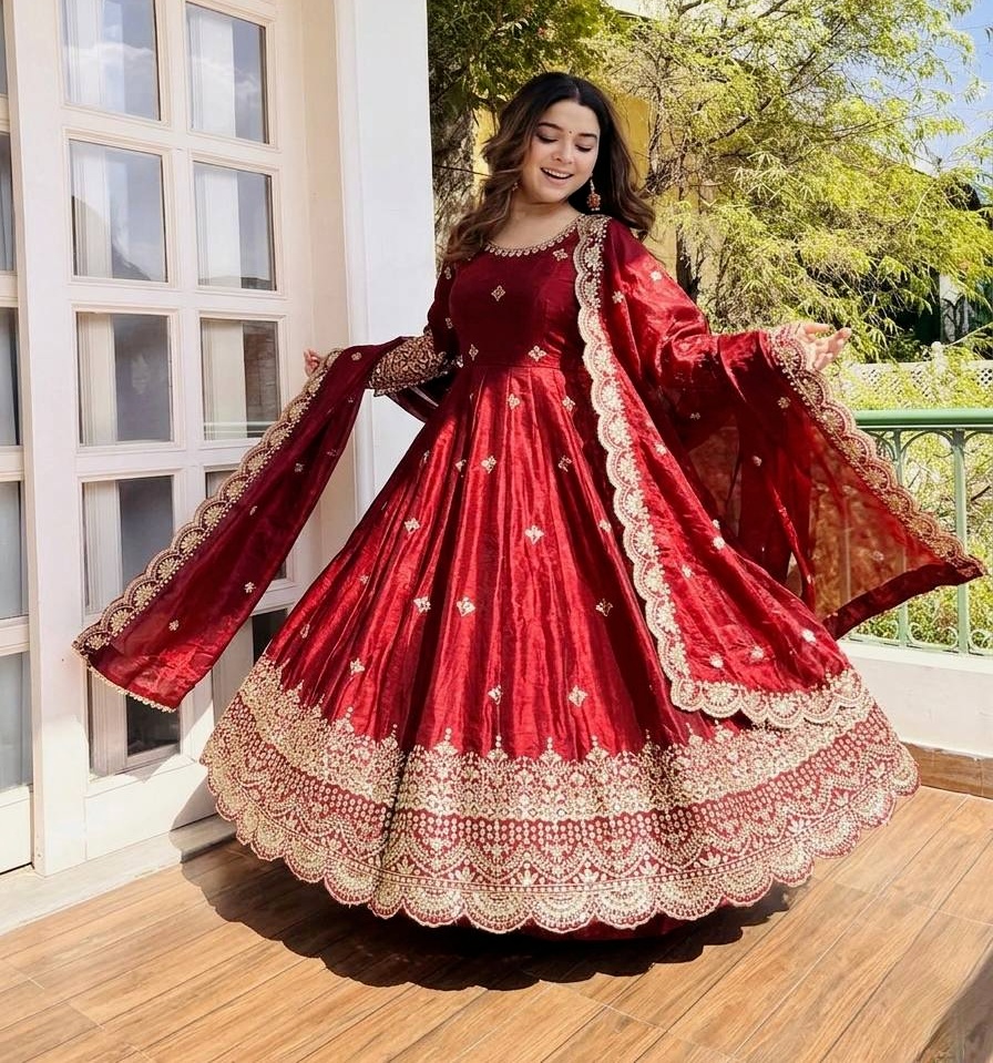 Maroon Floral Sequins Fendy Silk Anarkali Suit — alternate view