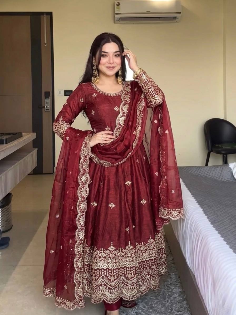 Maroon Floral Sequins Fendy Silk Anarkali Suit