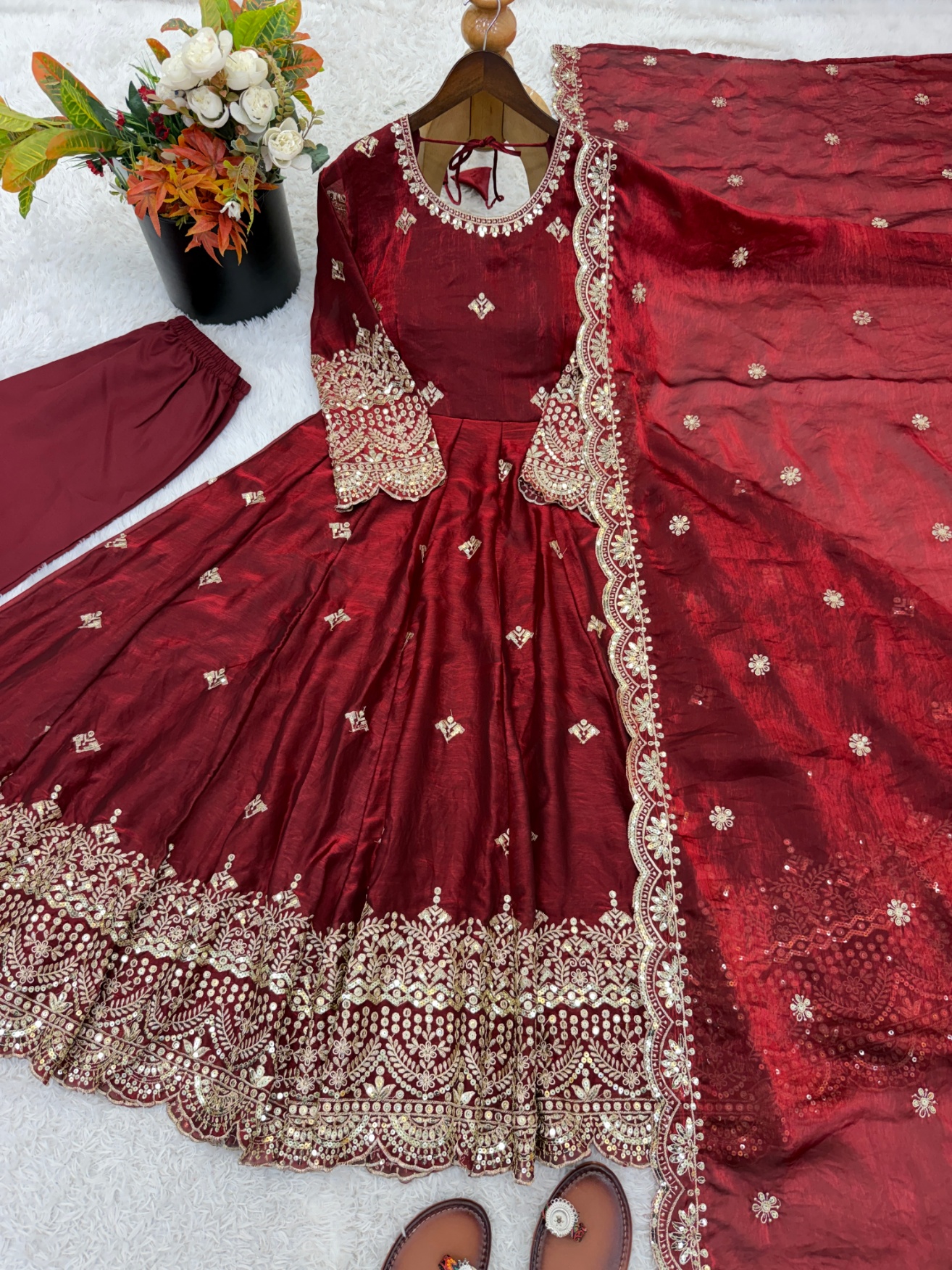 Maroon Floral Sequins Fendy Silk Anarkali Suit