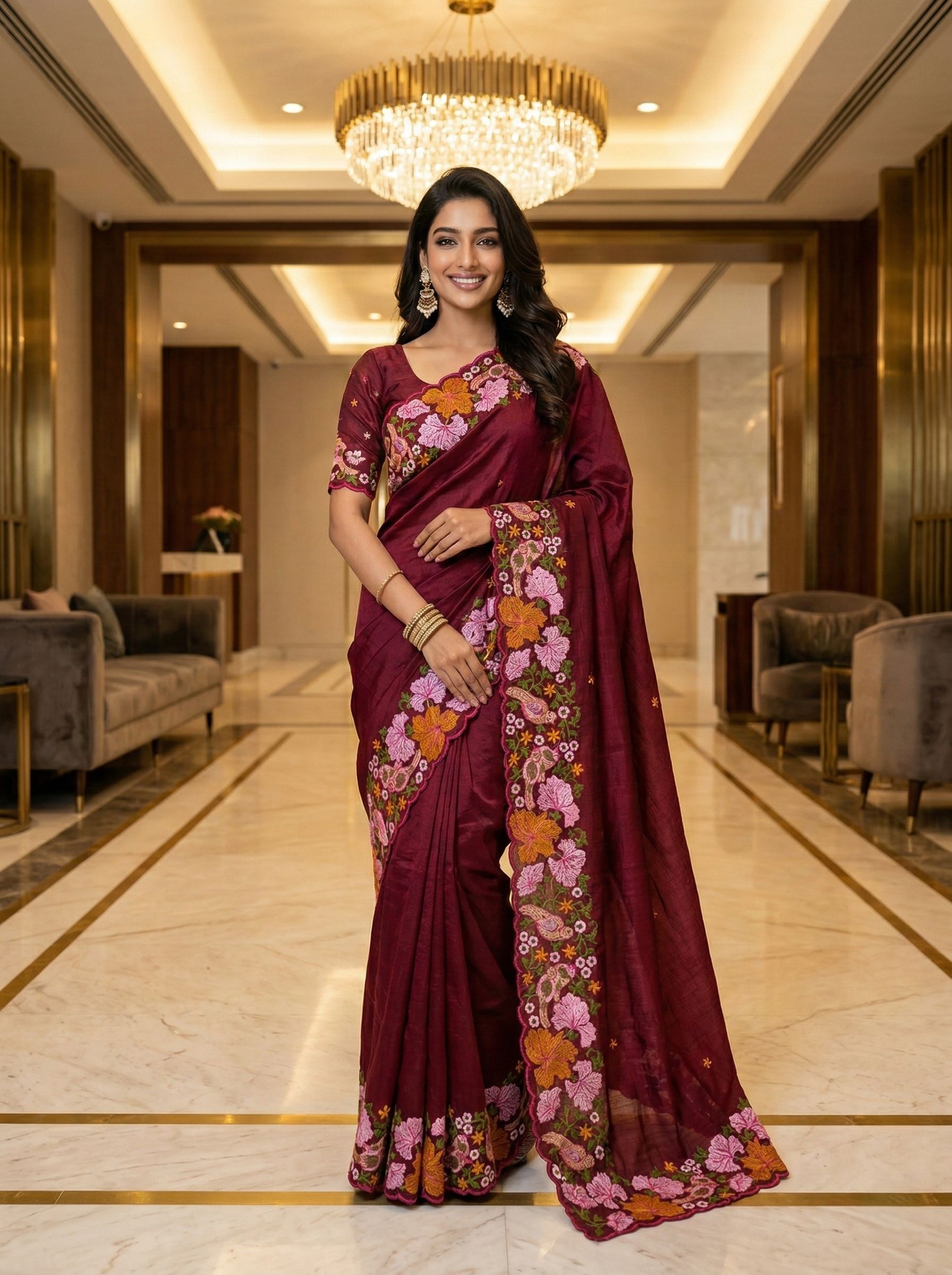 Maroon Floral Thread Embroidery Manipuri Silk Saree