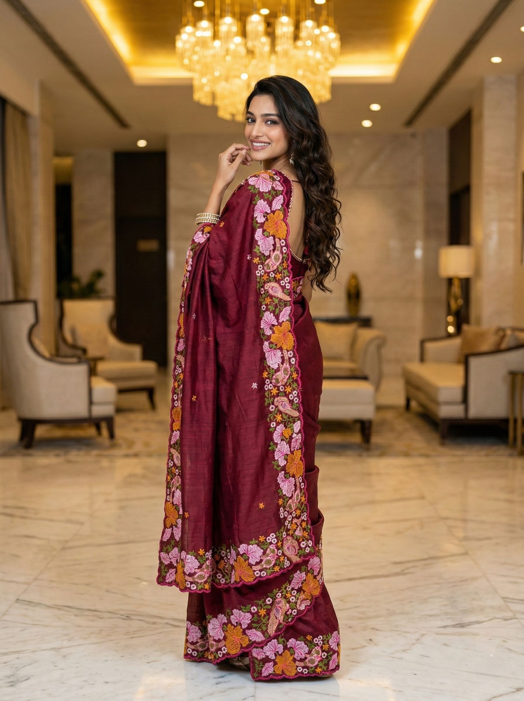 Maroon Floral Thread Embroidery Manipuri Silk Saree — alternate view