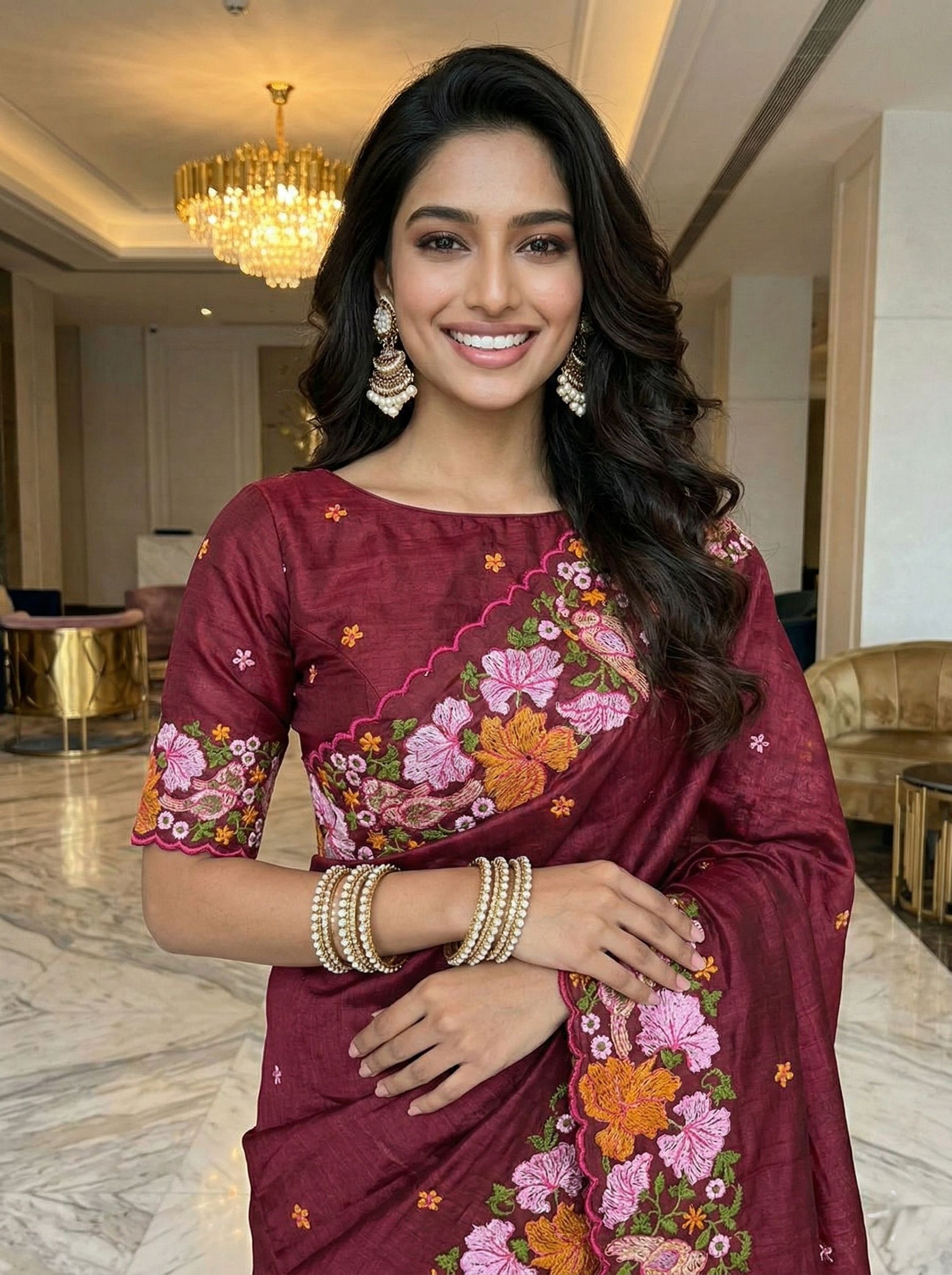 Maroon Floral Thread Embroidery Manipuri Silk Saree