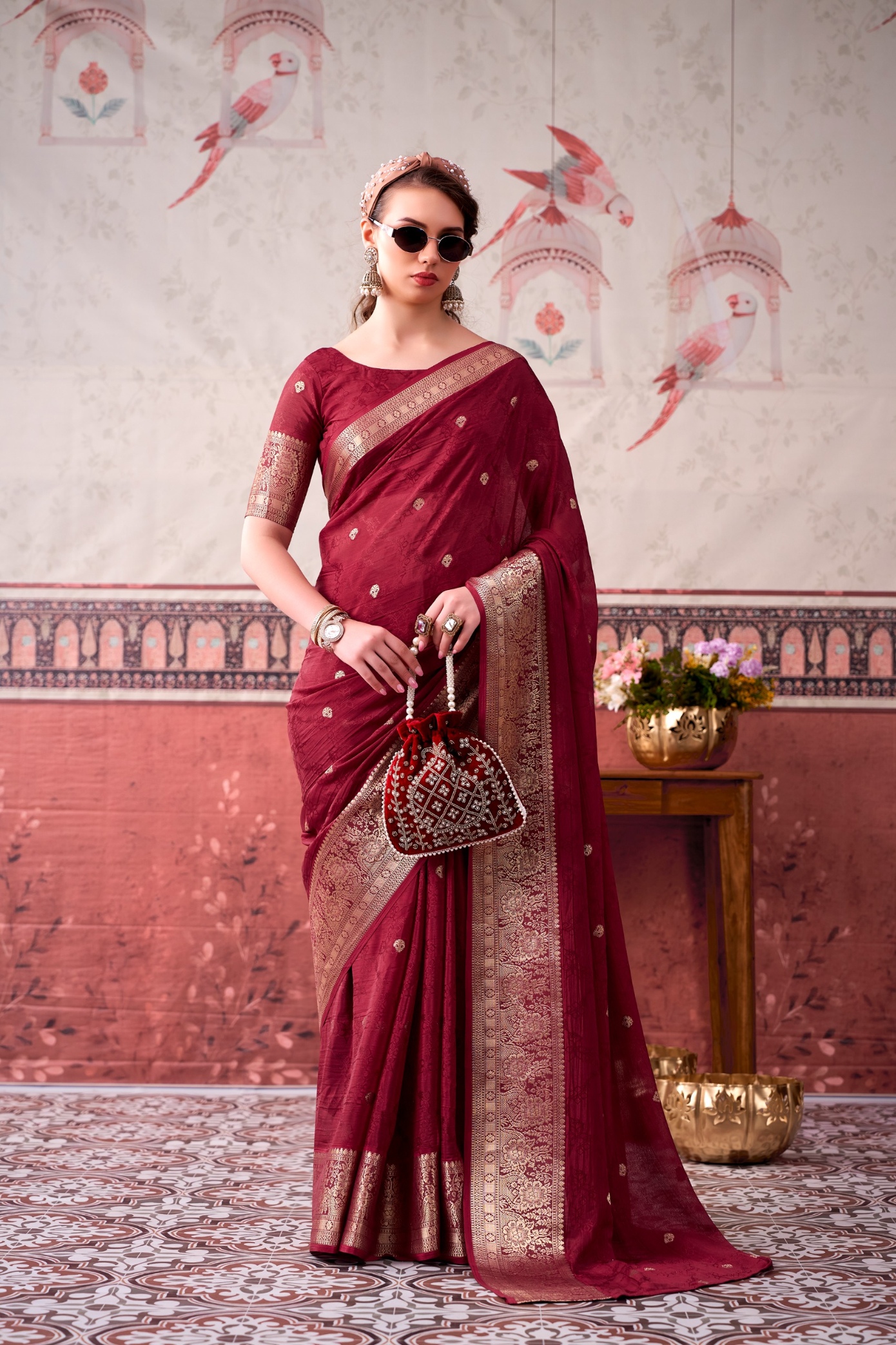 Maroon Floral Zari Chinon Saree